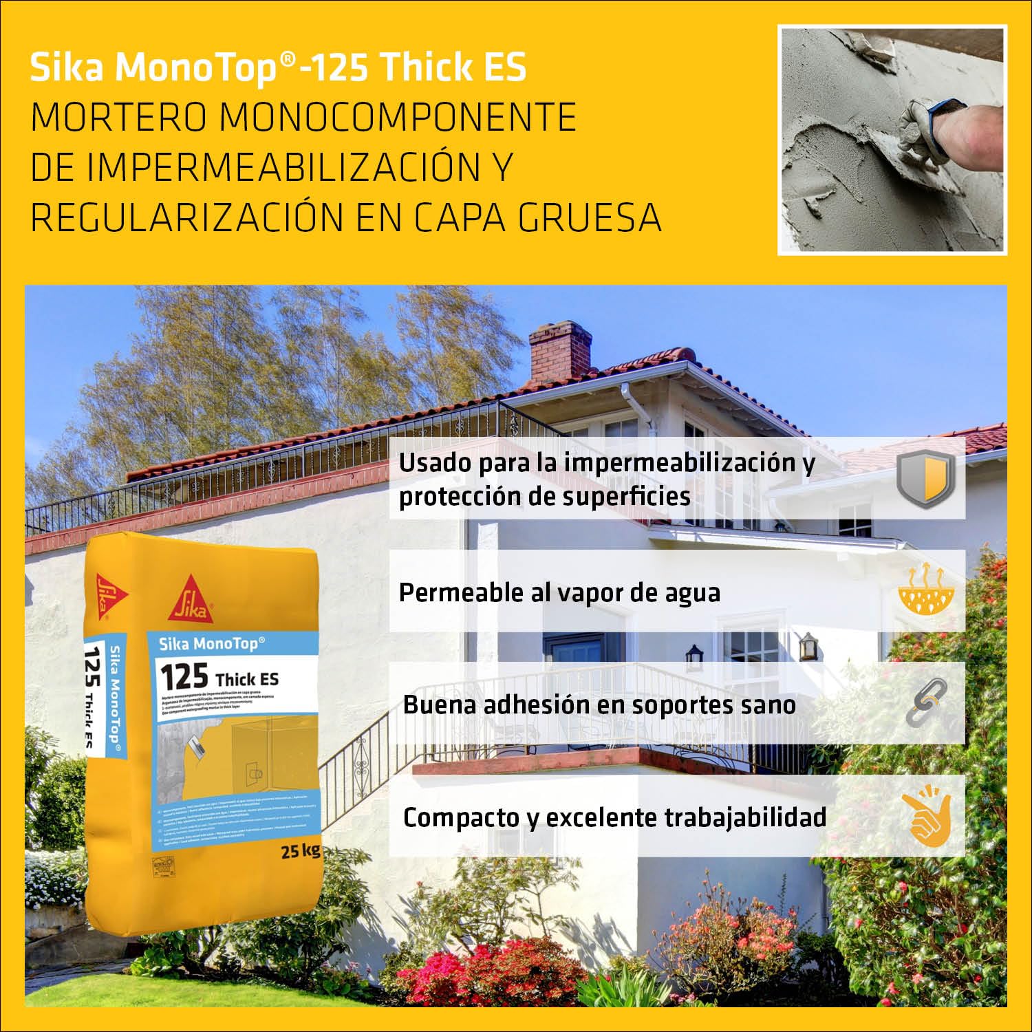SIKA - Mortero monocomponente - SikaMonoTop-125 Thick ES - Gris - 25kg | Impermeabilización y protección de superficies - Para hormigón, mortero y mampostería - Uso versátil