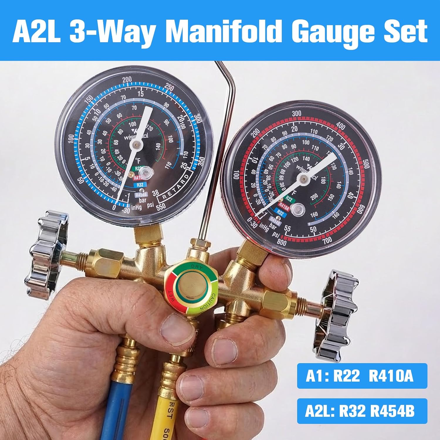 HVAC A2L Manifold Gauge Set, R454B R410A R32 R22 Refrigerant AC Gauges with 5FT Hose Adapters AC Quick Couplers