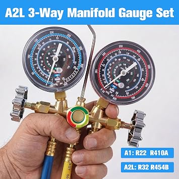 A2L HVAC Manifold Gauge Set for R454B, R32 R22 R410A | Refrigerant AC Gauges with with 5ft AC Hoses, Adapters and Quick Couplers for AC charging