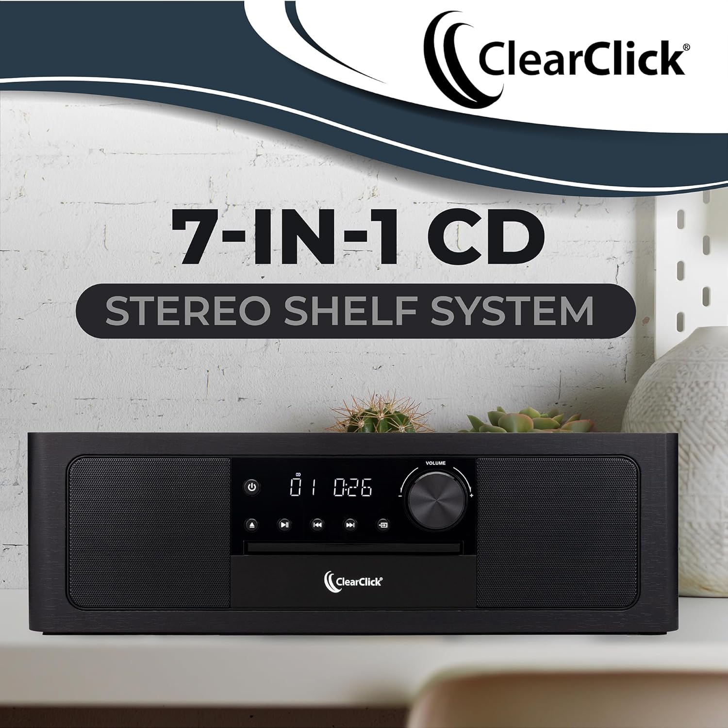ClearClick Stereo Shelf System with CD Player, Bluetooth, FM Radio, USB Playback, Aux in, Optical in, Alarm Clock, & Remote Control - Image 2