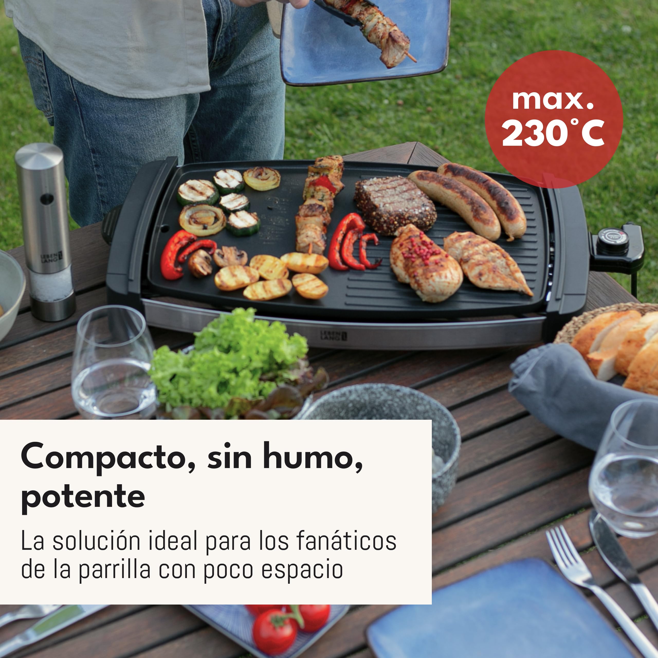 LEBENLANG Plancha cocina electrica 2000W - 45x30cm & Incl. Pinzas parrilla | Plancha electrica para cocinar XXL interior & exterior I Grelhador electrico Planchas de asar Grill eléctrica cocina
