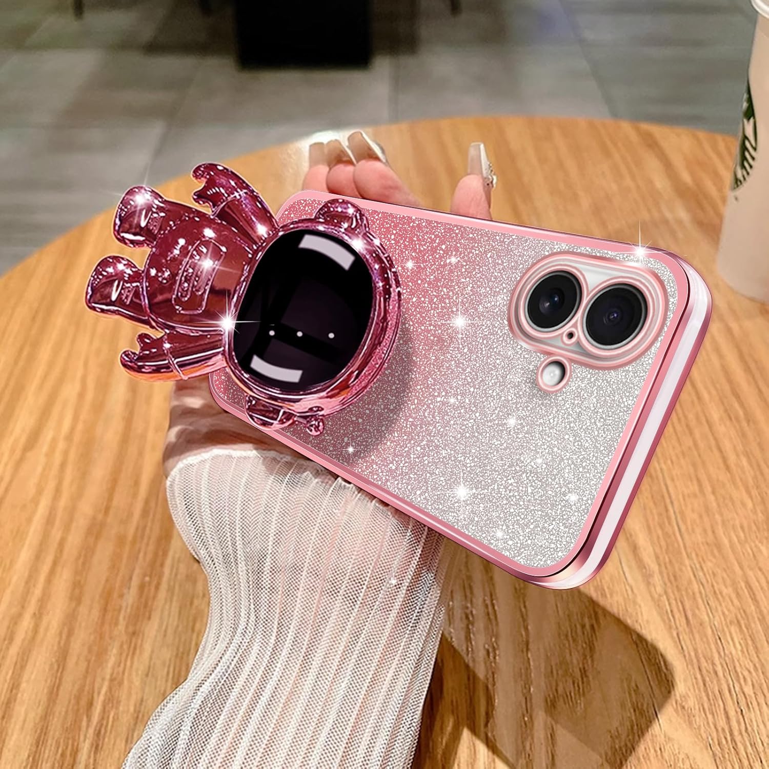 Phone Case for iPhone 16 with Astronaut Kickstand and Lanyard Soft TPU Bling Clear Shockproof Protection Cover for iPhone 16 Case, Rose Gold - Image 8