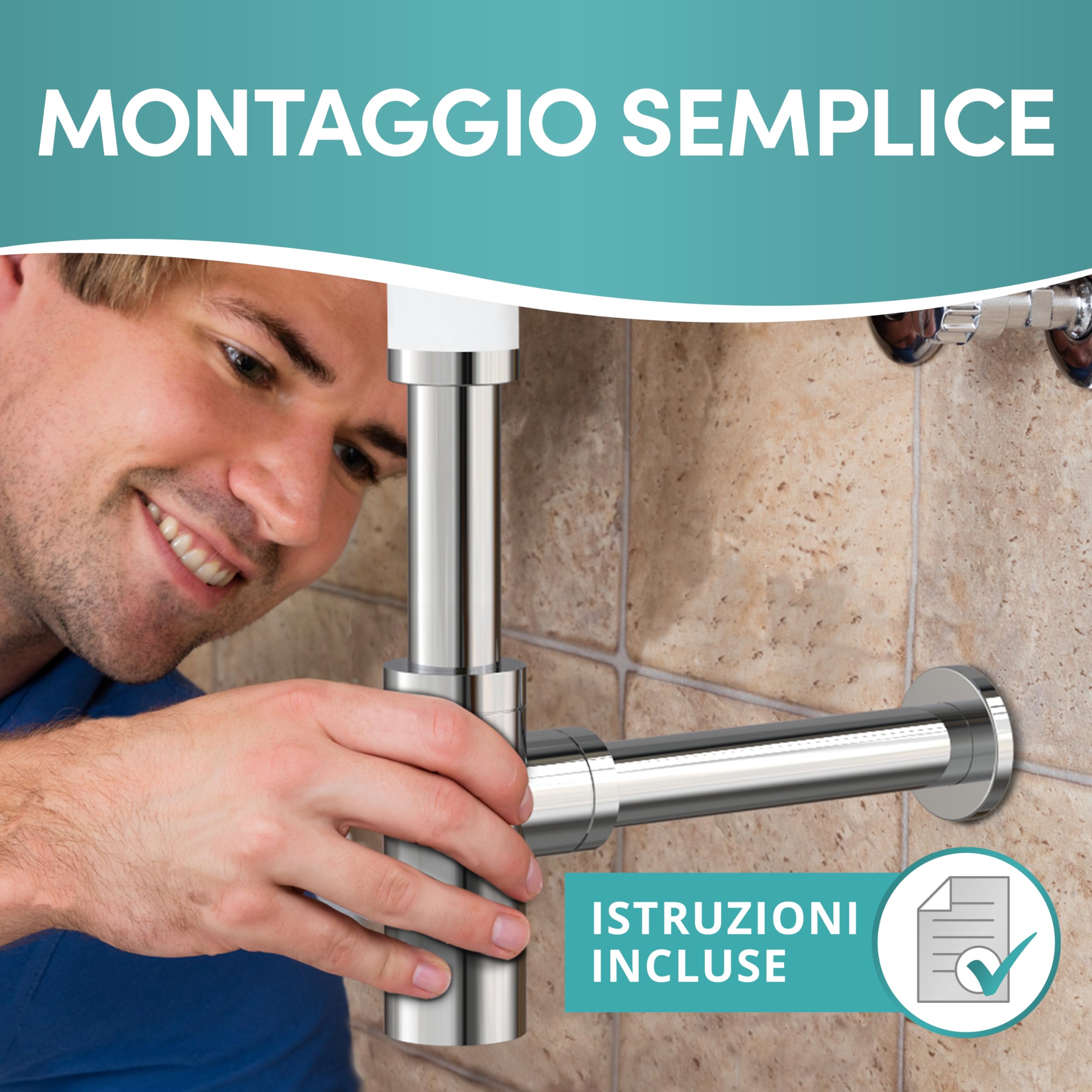 Engelbach® Sifone lavabo bagno con apertura per la pulizia - Tubo di scarico universale 1 1/4" con manicotto in gomma - Antiodore con istruzioni incluse