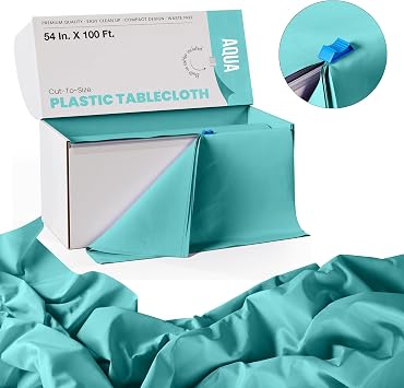 Party Solids 54 Inch X 100 Feet Aqua Plastic Table Cover Roll in A Cut - to - Size Box with Convenient Slide Cutter. Cuts Up to 12 Rectangle 8 Feet Plastic Disposable Tablecloths