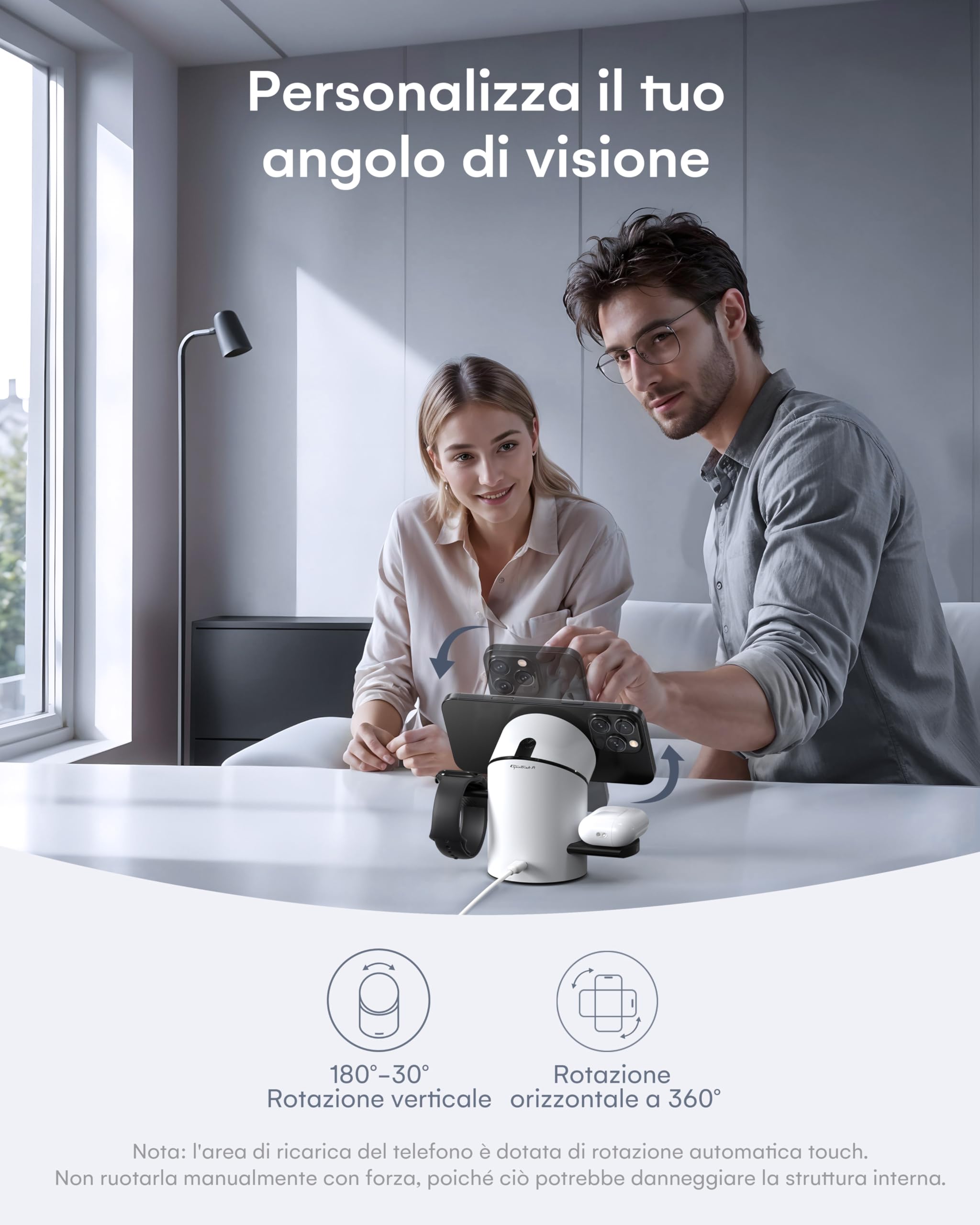 ZEEHOO Stazione di ricarica wireless CilindTrick-R Qi2 15 W ricarica rapida, stazione di ricarica 3 in 1 per Apple Watch, iPhone, Bianco (adattatore caricabatterie da 30 W incluso)