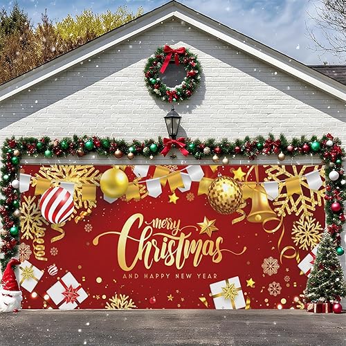 Miniatura 9 de Cubierta de Puerta de Garaje para Navidad - Decoraciones Retro de Camión para Puerta de Garaje, Gran Bandera Colgante, Decoraciones de Pared de