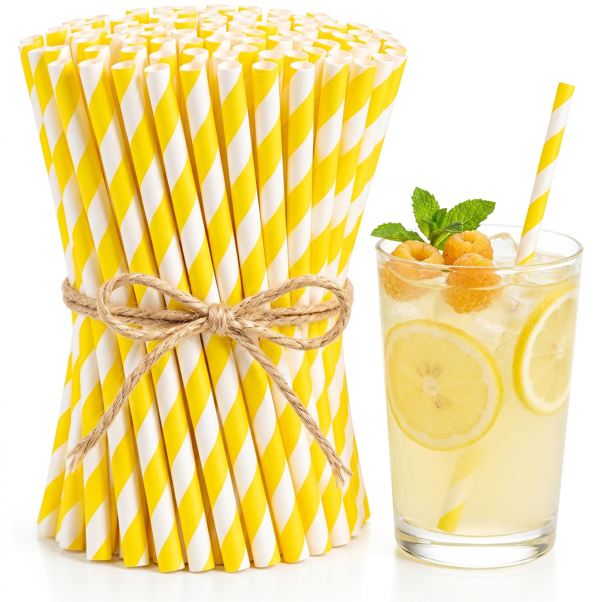 View 1 of 100 Pack Yellow Stripes Paper Straws, 7.75 Inch Party Straws