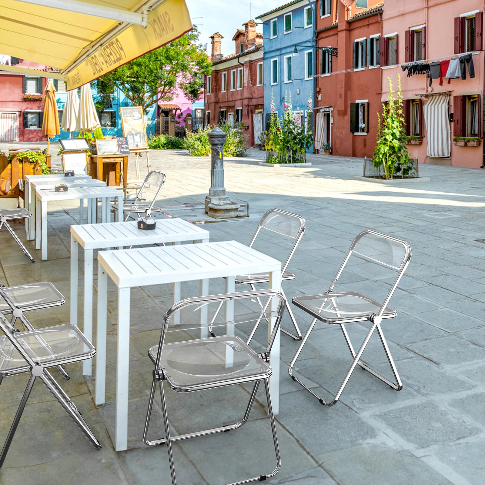 Bonnlo Chaise Pliante, Set de 4 Chaises, Chaise de Jardin Pliante, pour l'Intérieur et l'Extérieur, Empilable, en Métal & Plastique, jusqu'à 158Kg (4, Blanc)