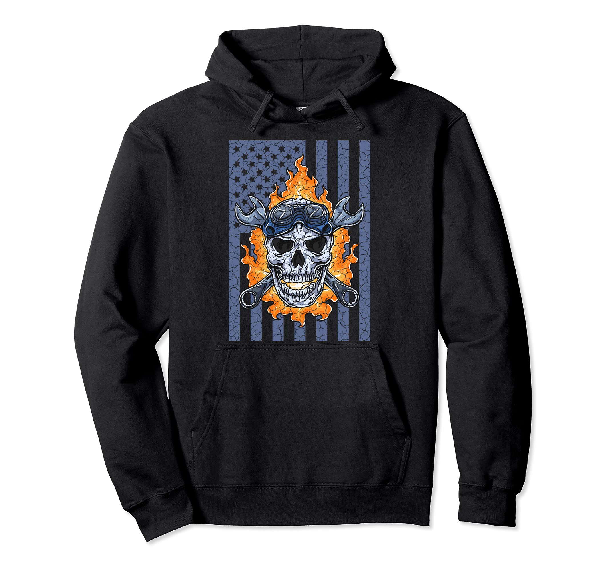 Mechanic Handyman Fire Skull American Flag Tools Wrench Pullover Hoodie, Black