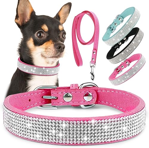 Collar de perro con diamantes de imitación con correa, collar de perro brillante de Epesiri Bling, lindo collar de perro rosa, collar de diamantes