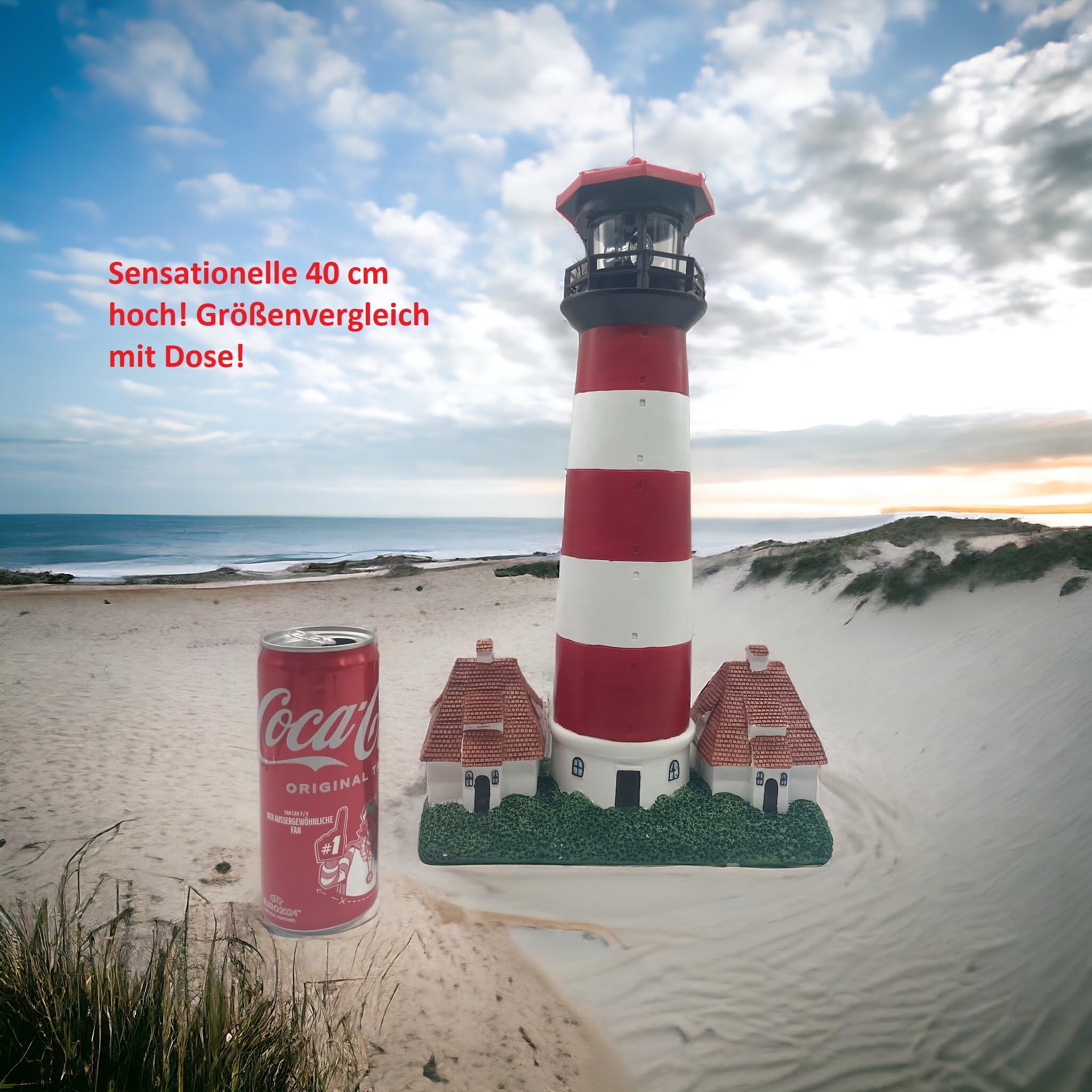 Luna24 Lampe solaire phare rouge Westerhever, lampe de jardin, lampe solaire avec capteur crépusculaire, gigantesque 40 cm de haut, magnifique décoration de jardin.