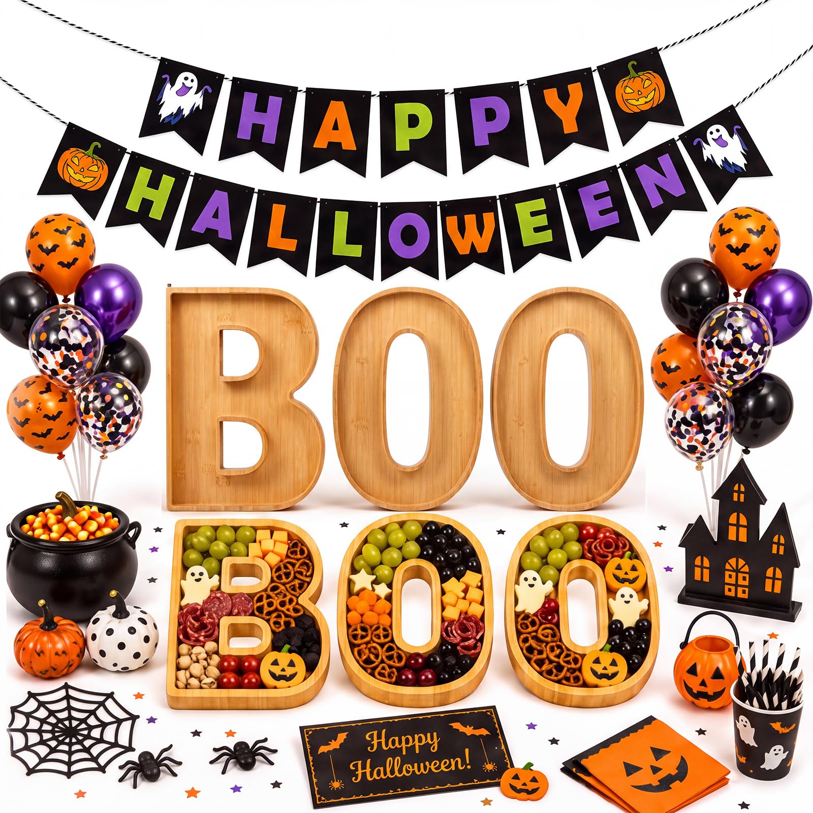 Havawish 28 pezzi Boo Bamboo Salumi Lettere riempibili Decorazioni per feste di Halloween con Happy Halloween Banner Palloncini Luci a LED Luci a spirale appese per spuntini cibo torta tavolo