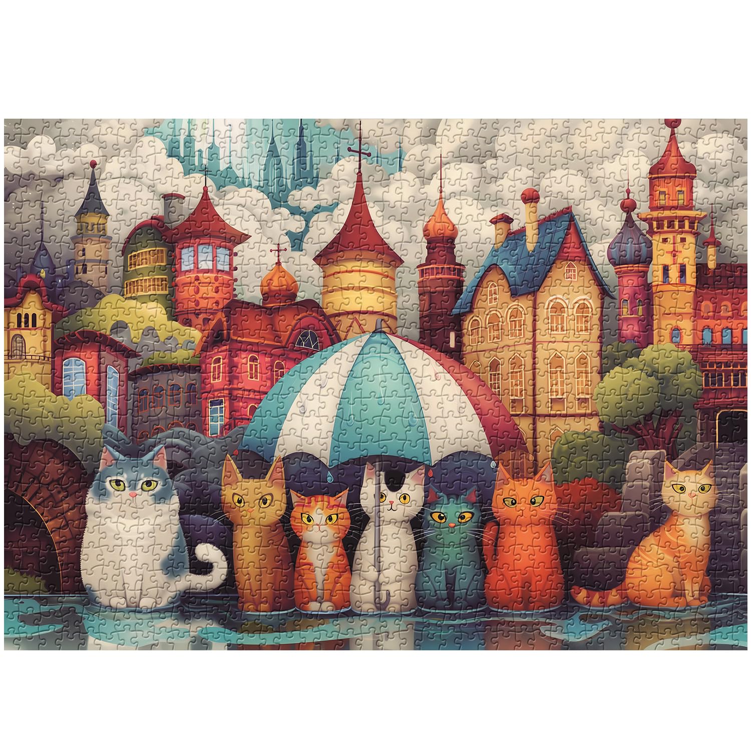 Cat Puzzles for Adults 1000 Pieces, Colorful House Rainny Kitten Jigsaw Puzzles, Challenging Cute Animal Puzzle as Home Wall Art