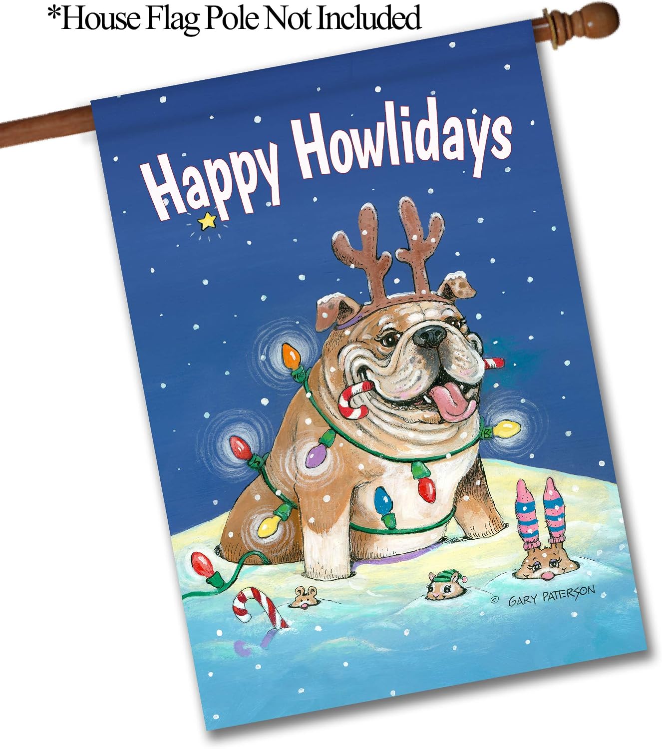 Flagology.com, Gary Patterson, Happy Howlidays Bulldog – House Flag 28" x 40", Exclusive Premium Fabric, Christmas, Winter