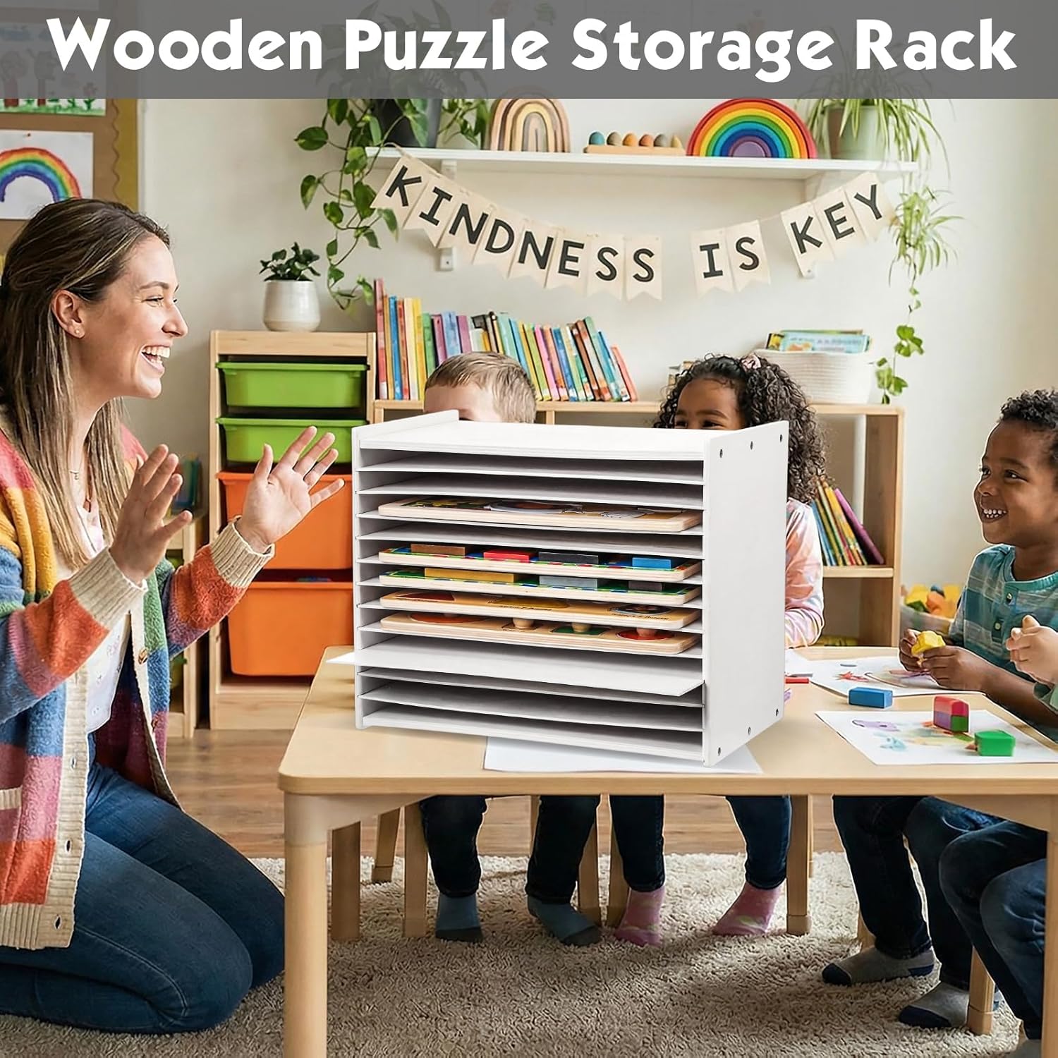 Beeveer 1 Pcs Wooden Puzzle Storage Rack Wood Tabletop Puzzle Holder with Adjustable Drawers 12-Layer Jigsaw Stand Shelf Rounded Edge Storage Cabinet for Flat Paper Craft Supplies (White)