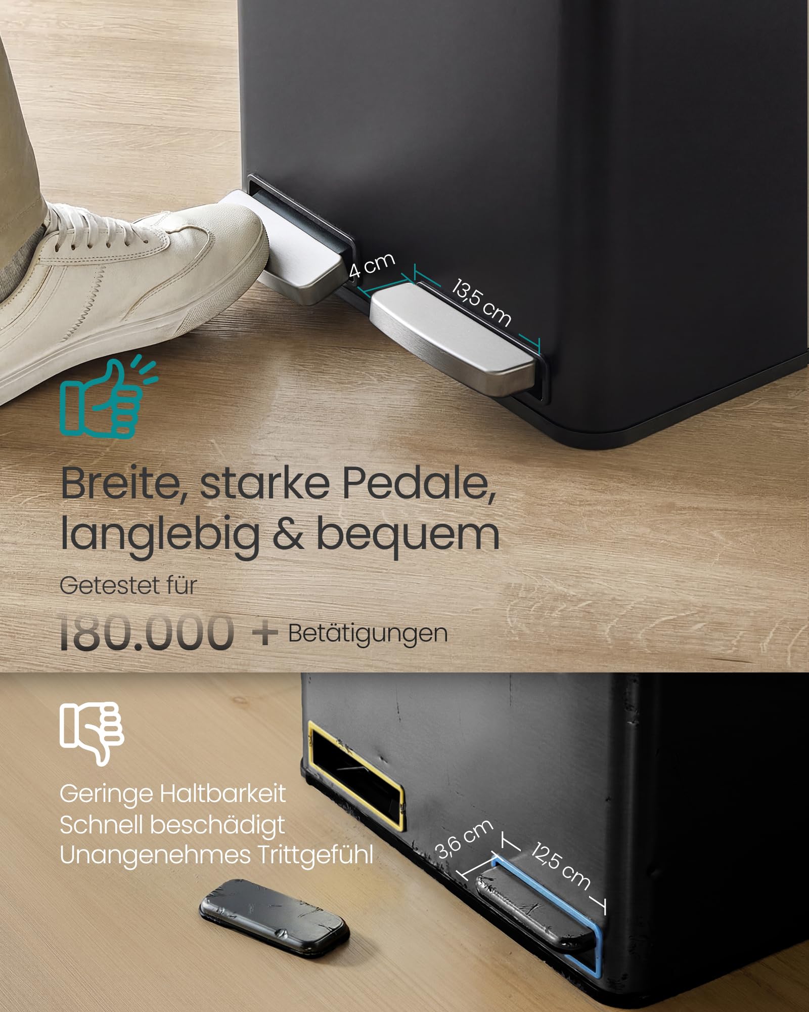 SONGMICS Mülleimer Küche 2 x 15 L Mülltrennsystem Tretmülleimer Stahl schwarz