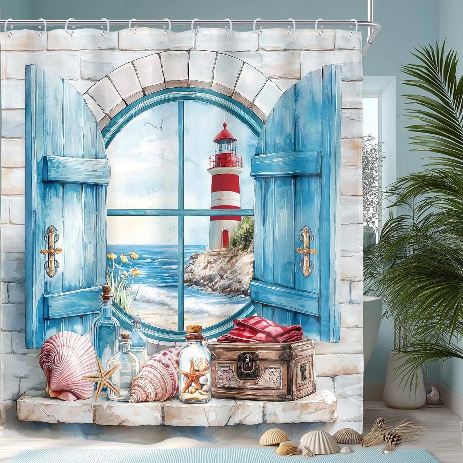Riyidecor Blue Teal Beach Lighthouse Shower Curtain for Bathroom Decor 72Wx78H Ocean Sea Coastal Nautical Window Wooden Seashell Starfish Art Printed Fabric Polyester Waterproof 12 Pack Plastic Hooks