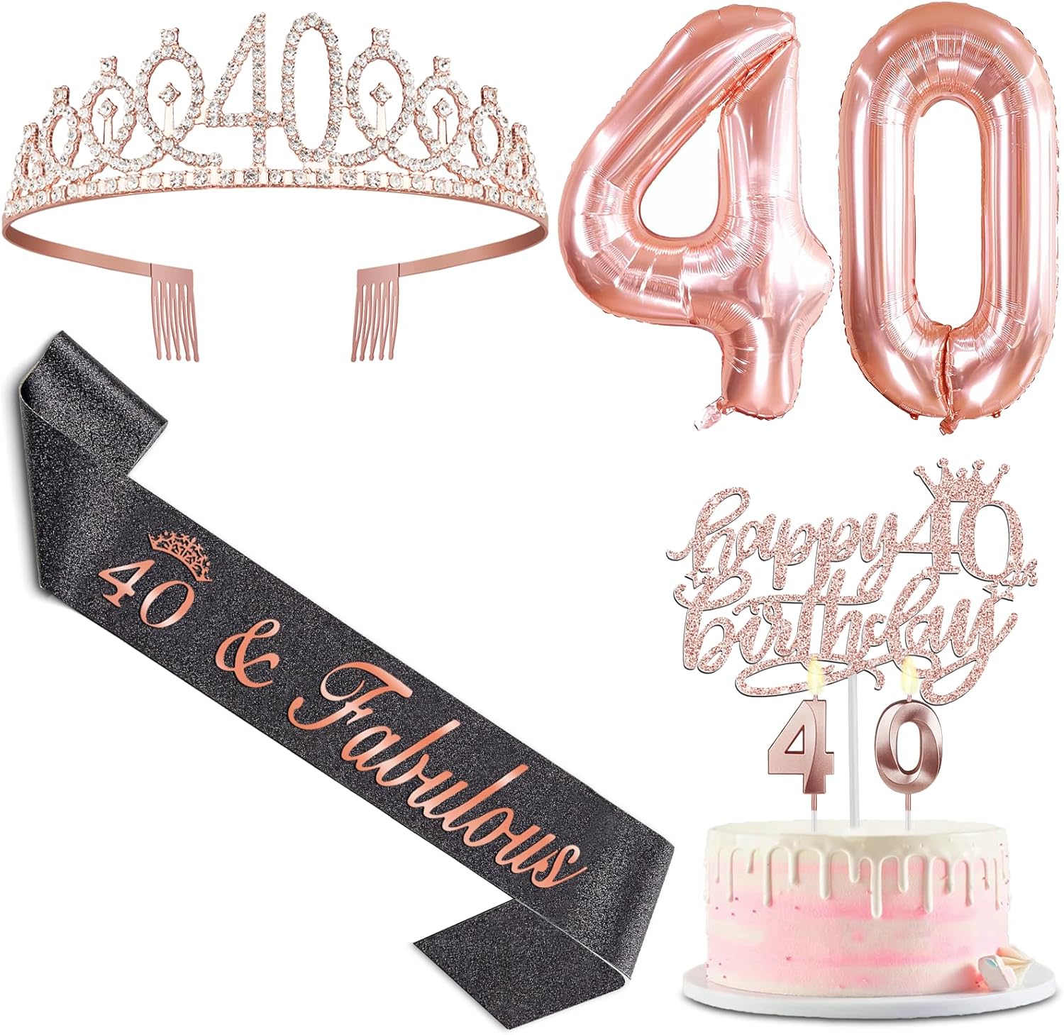 40th Birthday Decorations Women with Black 40th Birthday Sash and Crown, Cake Topper and Candles, Number Balloons Rose Gold, 40 Year Old Gifts for Women
