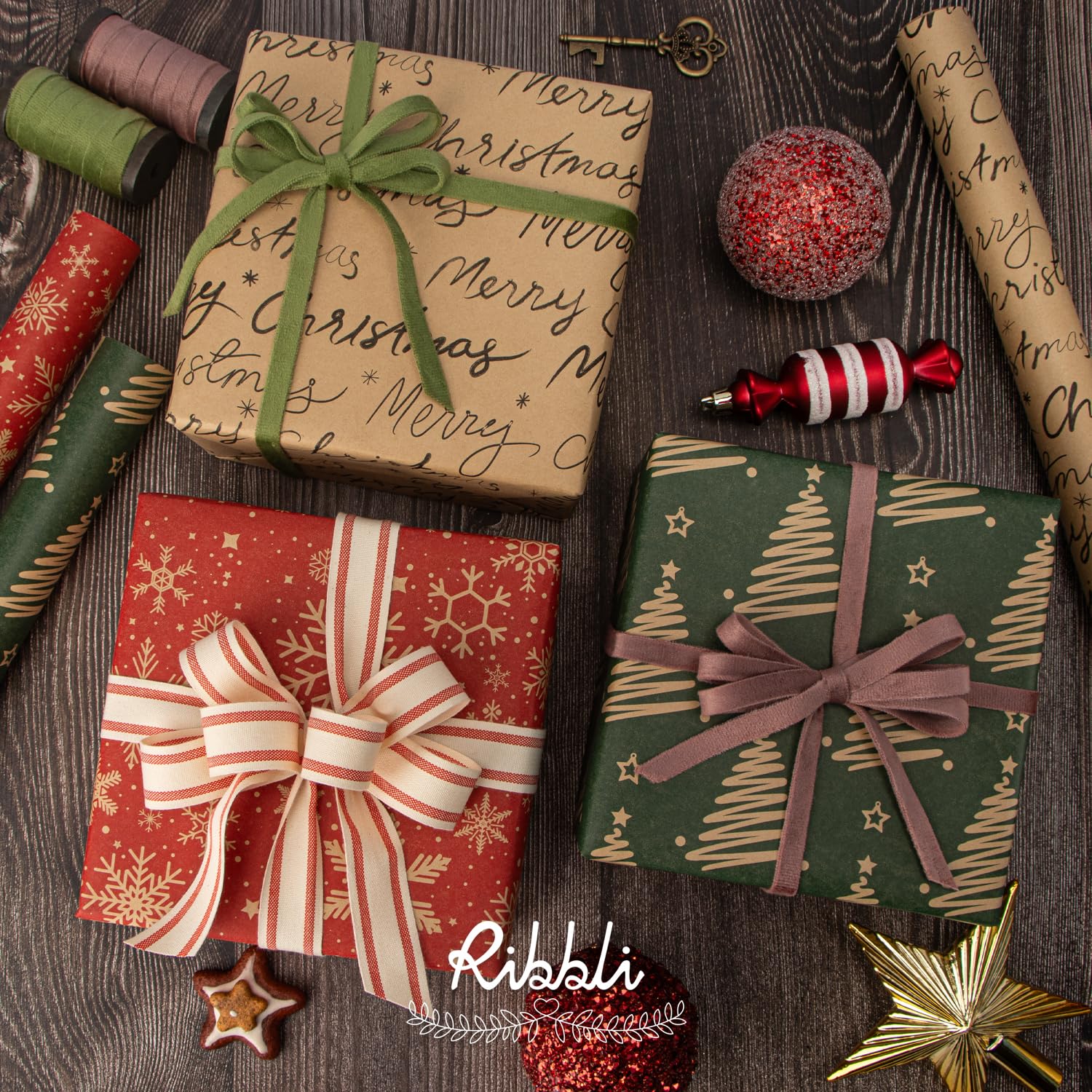 Ribbli Papel de regalo de Navidad, papel kraft rojo y verde, copos de nieve, árbol de Navidad, 3 rollos, surtido vintage impreso de Navidad, mini rollo de 17 x 120 pulgadas por rollo
