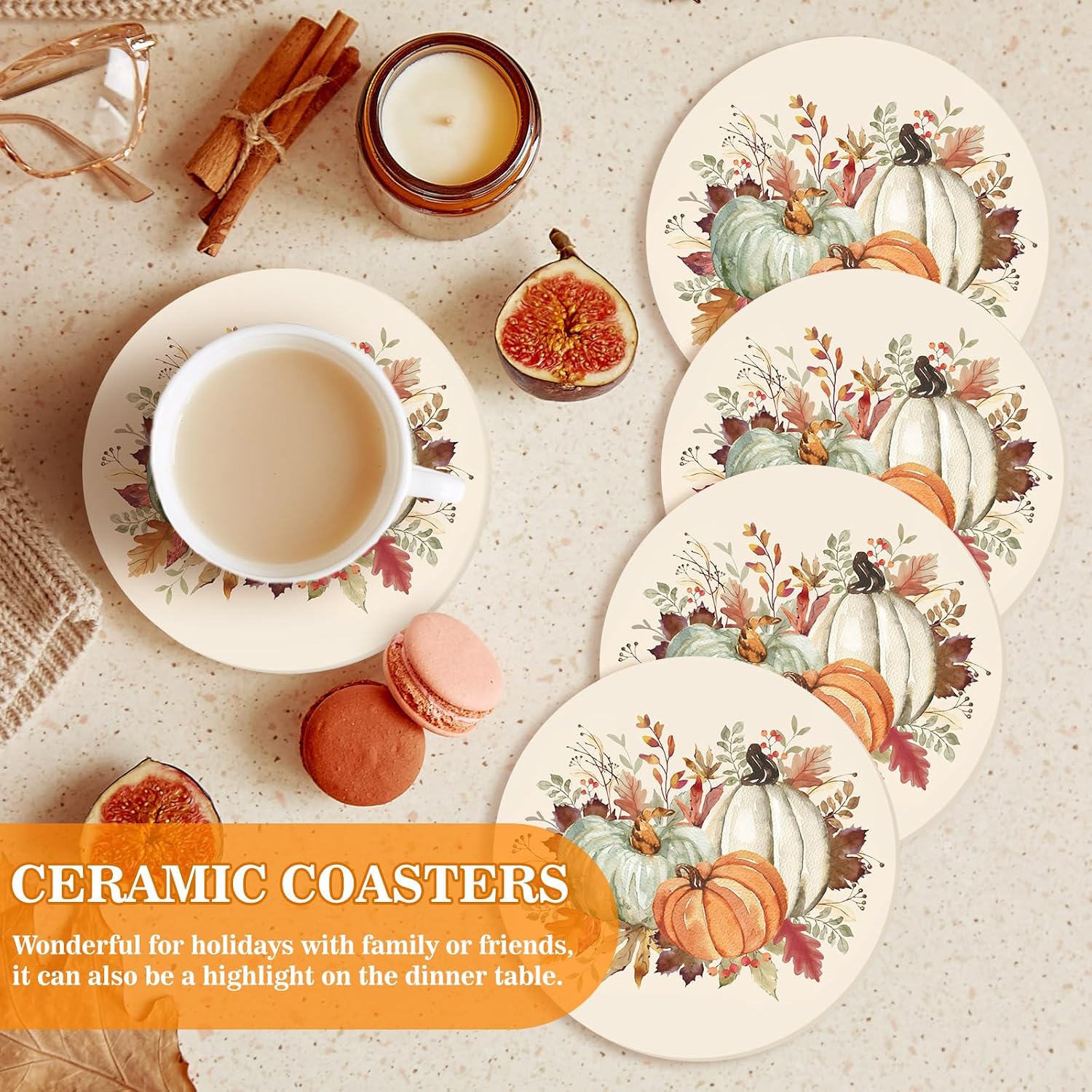 4Pcs Fall Coasters Rustic Pumpkin Leaves Ceramic Drink Coaster Autumn Cup Mat for Thanksgiving Mugs Home Kitchen Farmhouse Table Protection