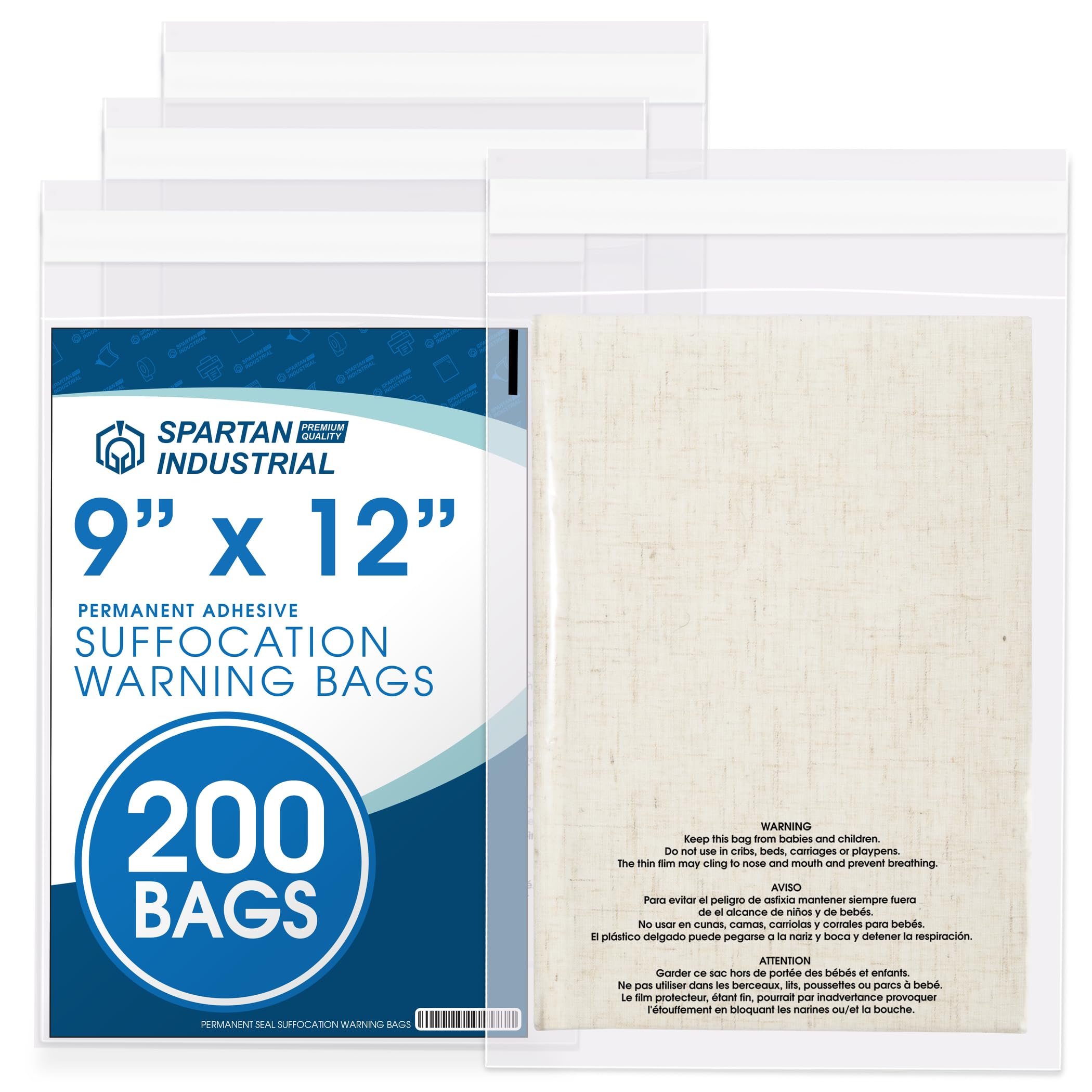Spartan Industrial - 9” X 12” (200 Count) Self Seal Clear Poly Bags with Suffocation Warning for Packaging, T Shirts - Permanent Adhesive