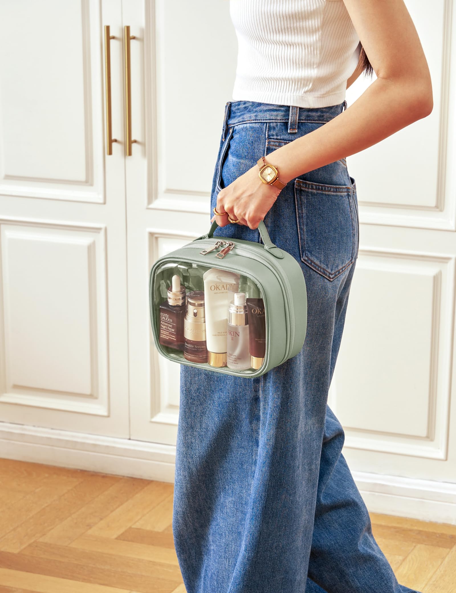 Borsa cosmetica trasparente a doppio strato, borsa da viaggio trasparente con 4 scomparti, borsa da viaggio trasparente per articoli da toeletta, grande borsa da toilette per donna, Verde salvia