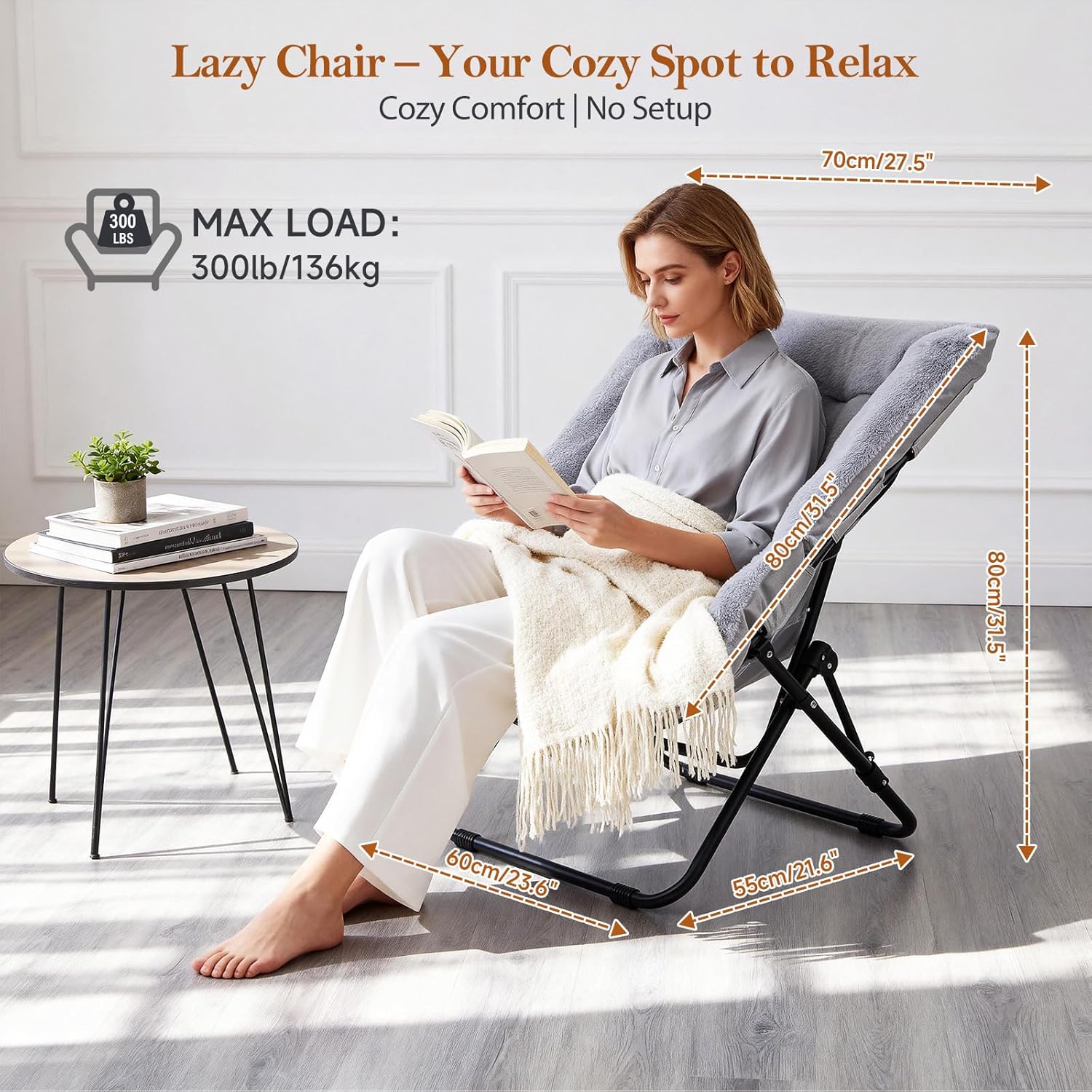 Comfy Dorm Chair - Oversized Folding Saucer Chair with Soft Faux Fur, Metal Frame, for Bedroom, Living Room, Balcony, Patio, Study, Playroom (Grey)