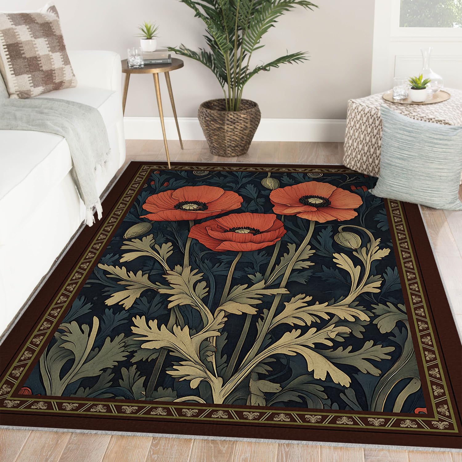 Zmywalny dywan 120 x 150 dywaniki do sypialni antypoślizgowe rośliny retro kuchnia ultra miękki nadruk czerwone kwiaty odporne na plamy niskie włosie wejście salon pralnia w