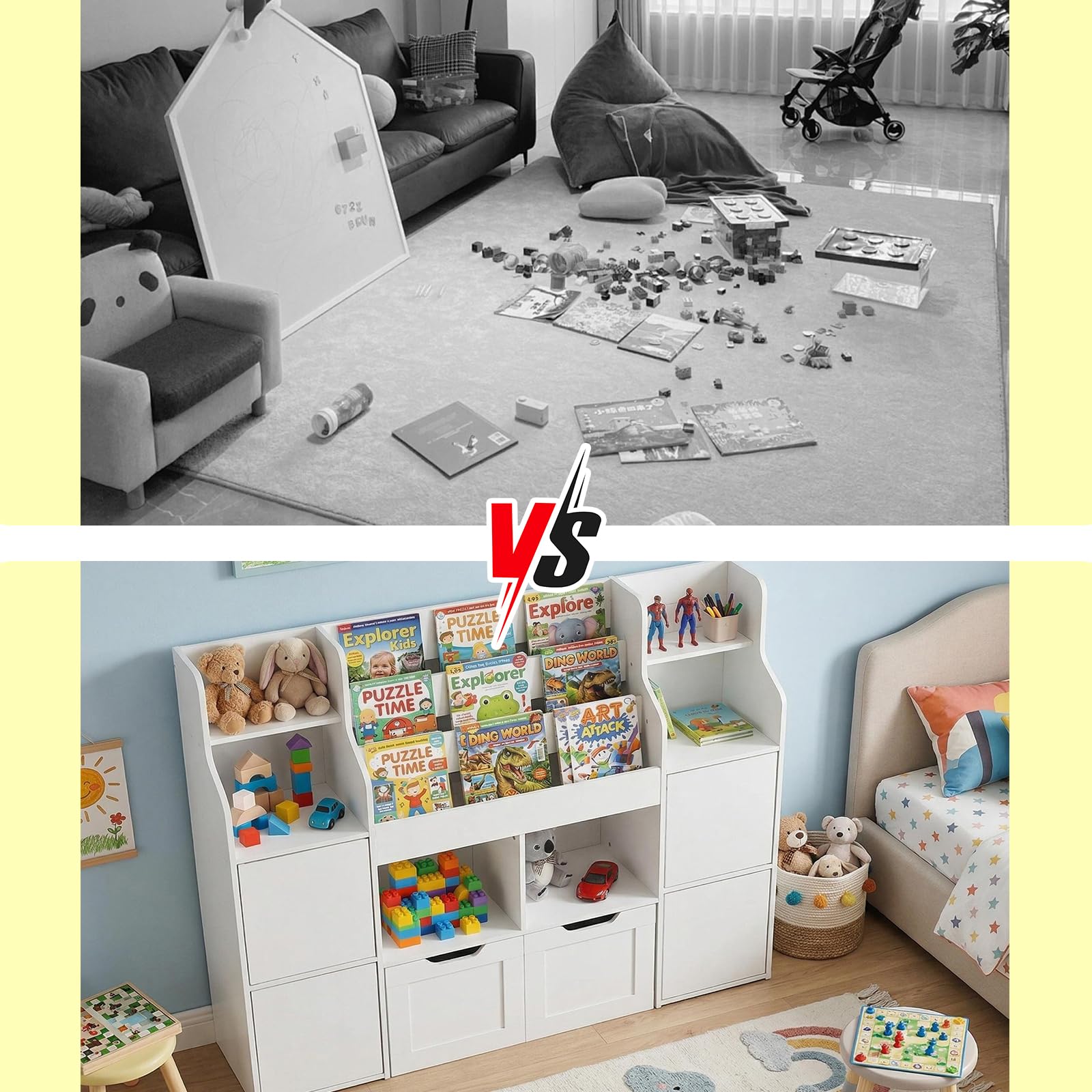 Mobile Porta Giochi, Libreria Montessoriana per Bambini a 6 Scomparti Aperti e 4 Ante, Mobile Giochi a 2 Cassetti su Ruote, per Cameretta e Stanza dei Giochi, 122x30x100cm Bianco
