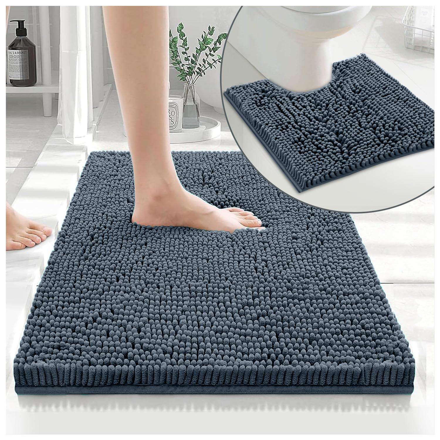 GC GAVENO CAVAILIA 2 Piece Non Slip Rubber Backed Mats - Super Absorbent Antibacterial Toilet Carpet Mat - Quick Dry Microfiber Chenille Rug Washable Bath Mats - Dark Grey