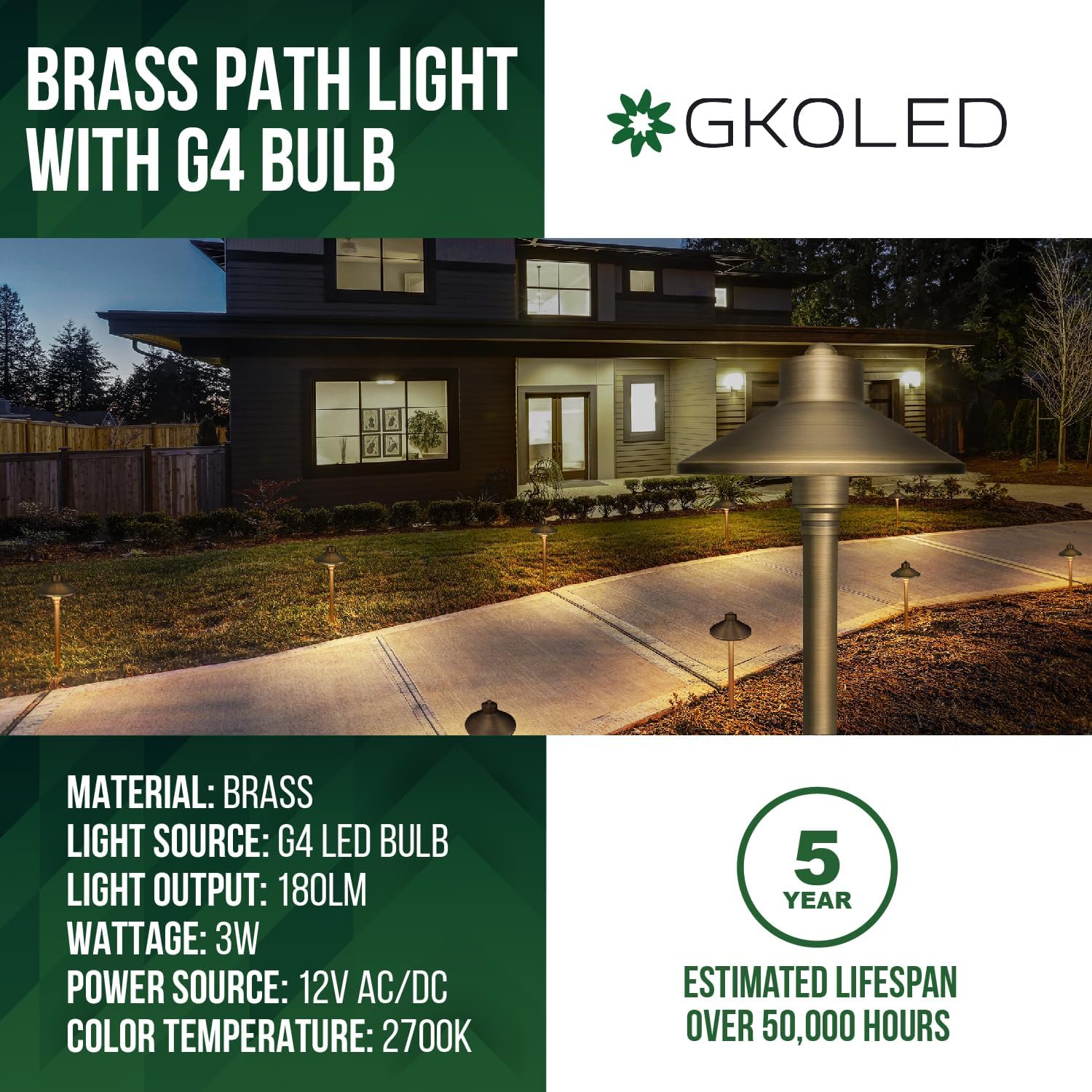 GKOLED Solid Brass Landscape Path Lights (6.7" Shade, 20" Tall), Low Voltage LED 3W 12-24V AC/DC China Hat Path Lighting, 2700K Outdoor Waterproof Walkway Light, with Stake and G4 Bulb, 2 Pack