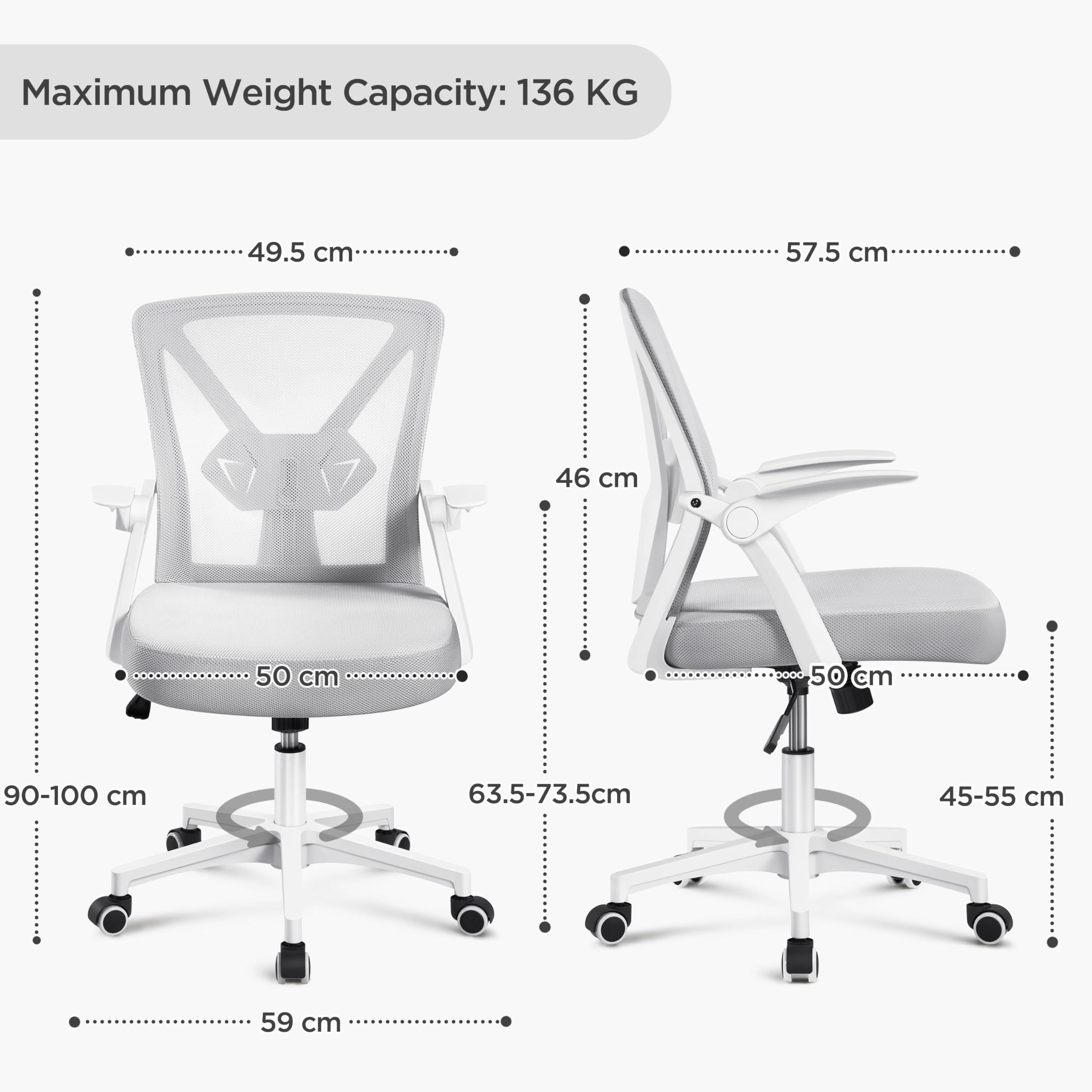 Yaheetech Krzesło biurowe z podnoszonymi podłokietnikami, obrotowe krzesło z siatki, ergonomiczne, regulowane podparcie okolic lędźwiowych, funkcja przechylania, regulacja wysokości, jasnoszare