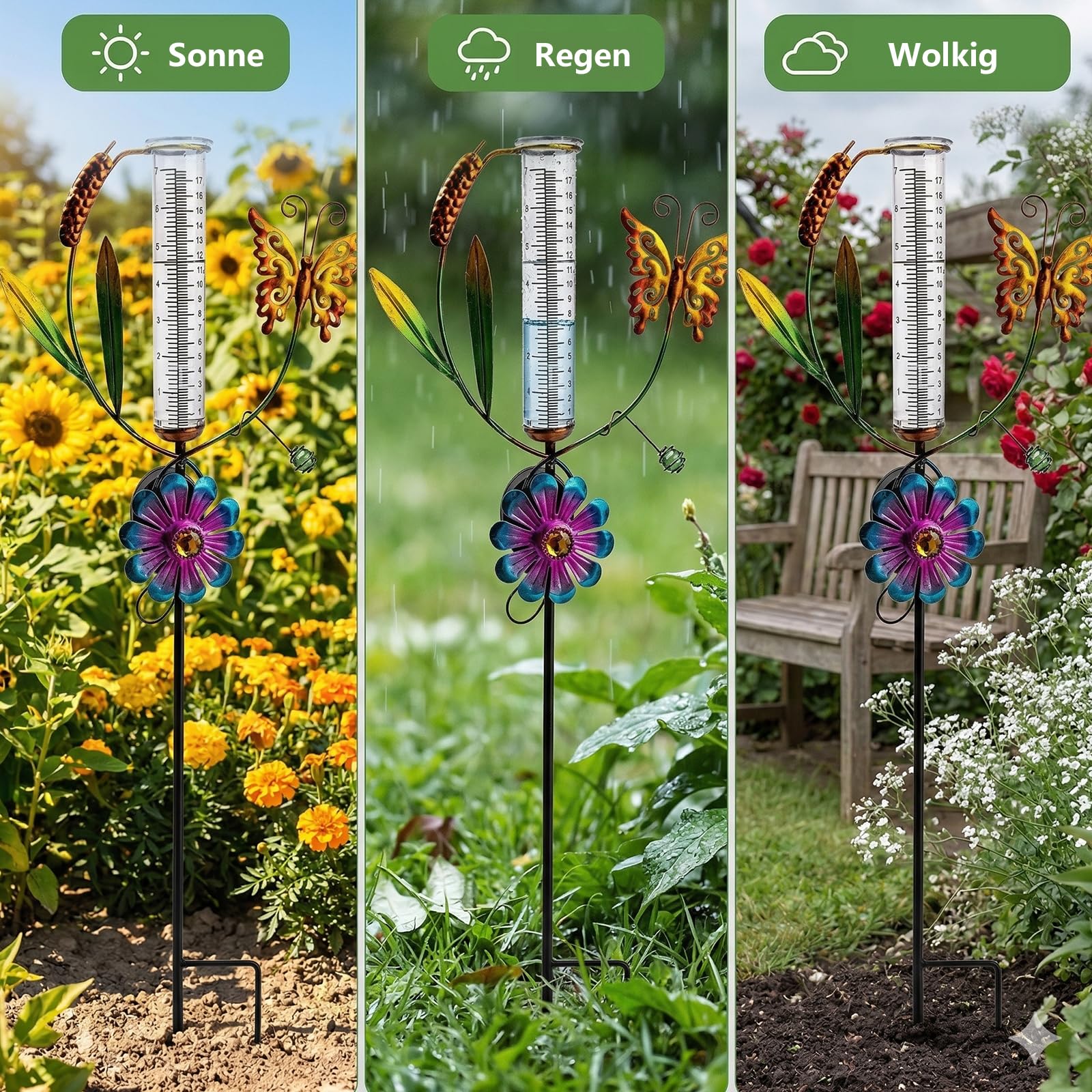 HOSPAOP Solar Regenmesser für Garten mit Erdspieß und LED, Niederschlagsmesser Frostsicher Glas für Rasen, Terrasse, Feldern, Innenhöfen, Gartendeko