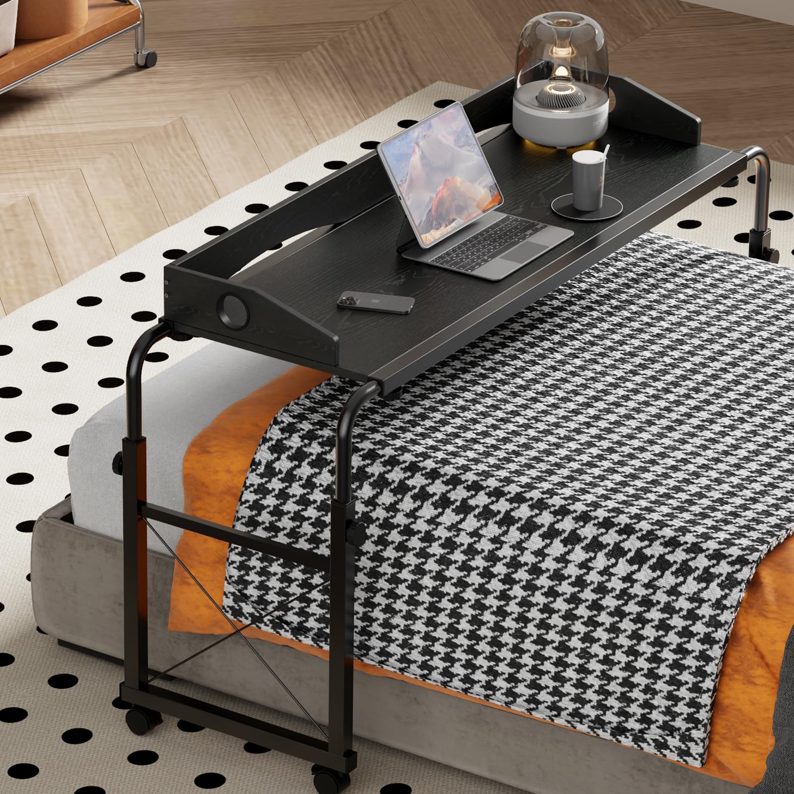 DAPOTUGI Overbed Table with Wheels, Overbed Desk with Adjustable Length and Height, Rolling Over Bed Desk, King Queen Over The Bed Table on Wheels,