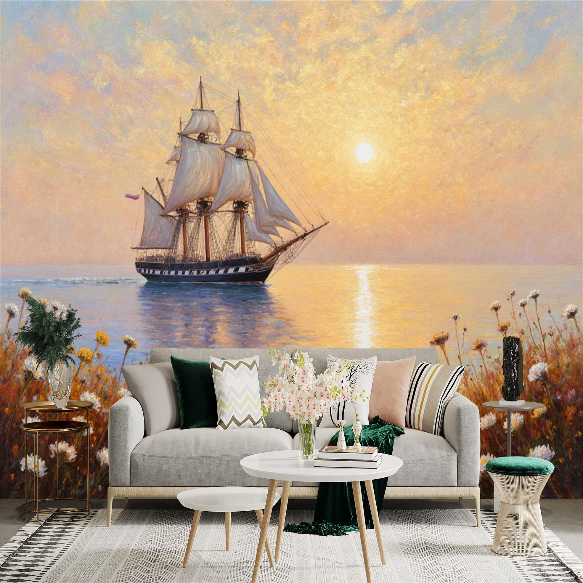 Lnzczhyre Xc260505378 Custom Size Wall Sticker Mural， Sailing Ship On Calm Ocean， Golden Sunset Over Water， Scenic Coastal Wildflowers， For Wall Decoration， Peelandstick Wall Decals.