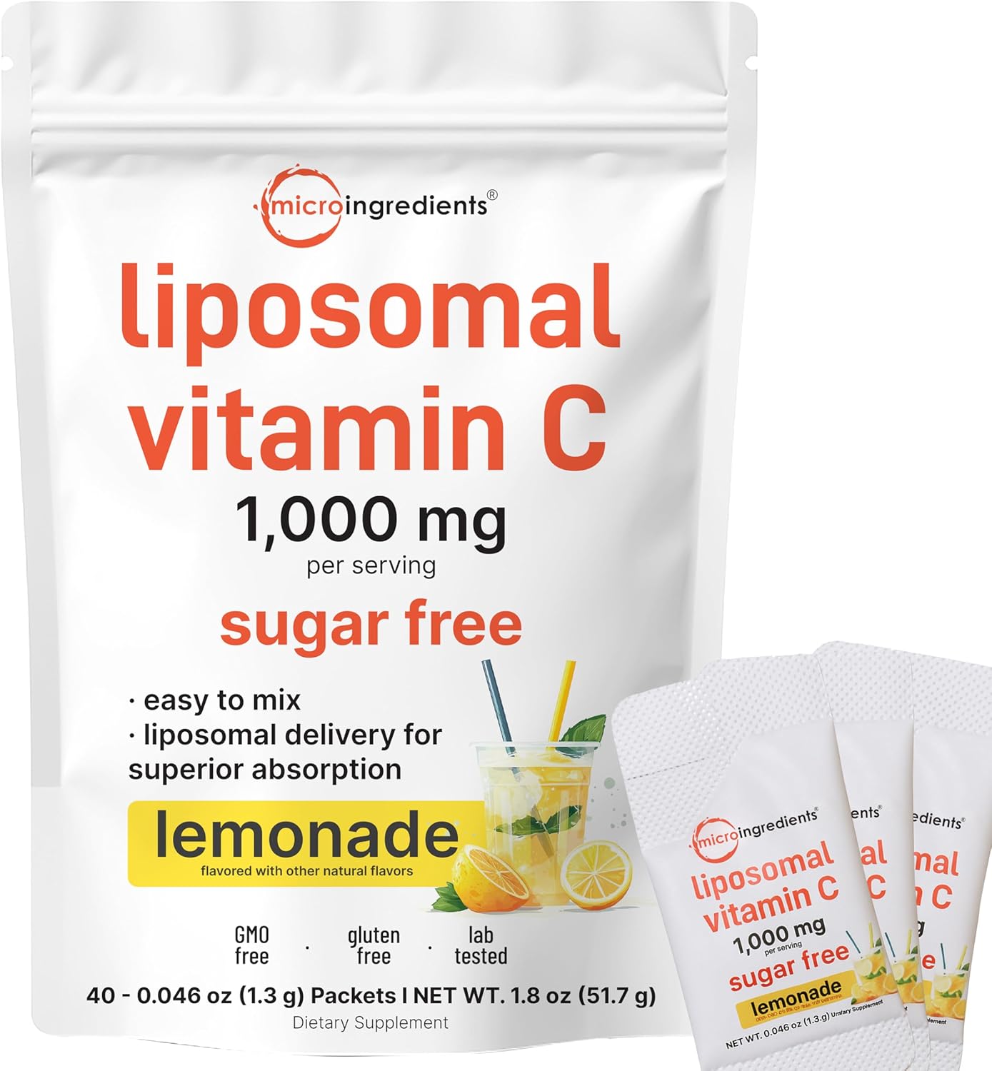 Micro Ingredients 1,000mg Vitamin C Powder for Daily Use | Liposomal Fat-Soluble Form for Better Absorption | Sugar-Free Lemonade Drink Mix | 40 Travel Packets, Fast-Dissolving