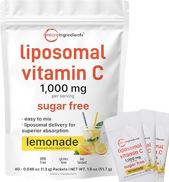 Micro Ingredients 1,000mg Vitamin C Powder Packets for Daily Immune Support*| Sugar Free Drink Mix | Liposomal Fat-Soluble Form for Better Absorption | 40 Travel Packets, Lemonade Flavor