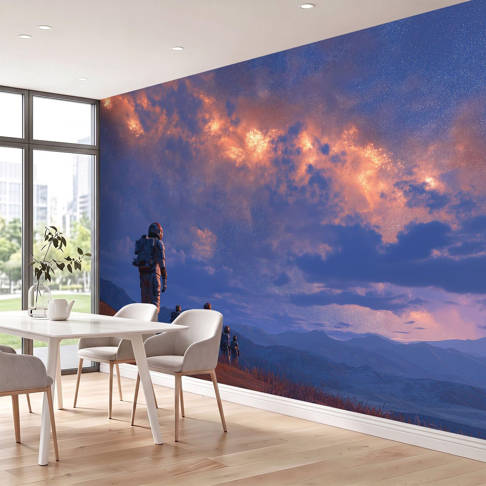Fototapeta 3D, 250 x 175 cm (szer. x wys.), tapeta z włókniny, do sypialni, salonu, kosmosu, fantazji, tapeta ścienna, fototapeta, dekoracja ścienna, pokój dziecięcy, astronauta, góry, gwiaździste