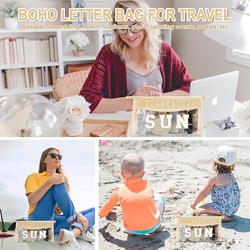 Miniatura 9 de Iqimott Bolsa de maquillaje transparente con parches bohemios, bolsa de maquillaje con cremallera impermeable, bolsa de aseo, Playa-Beige