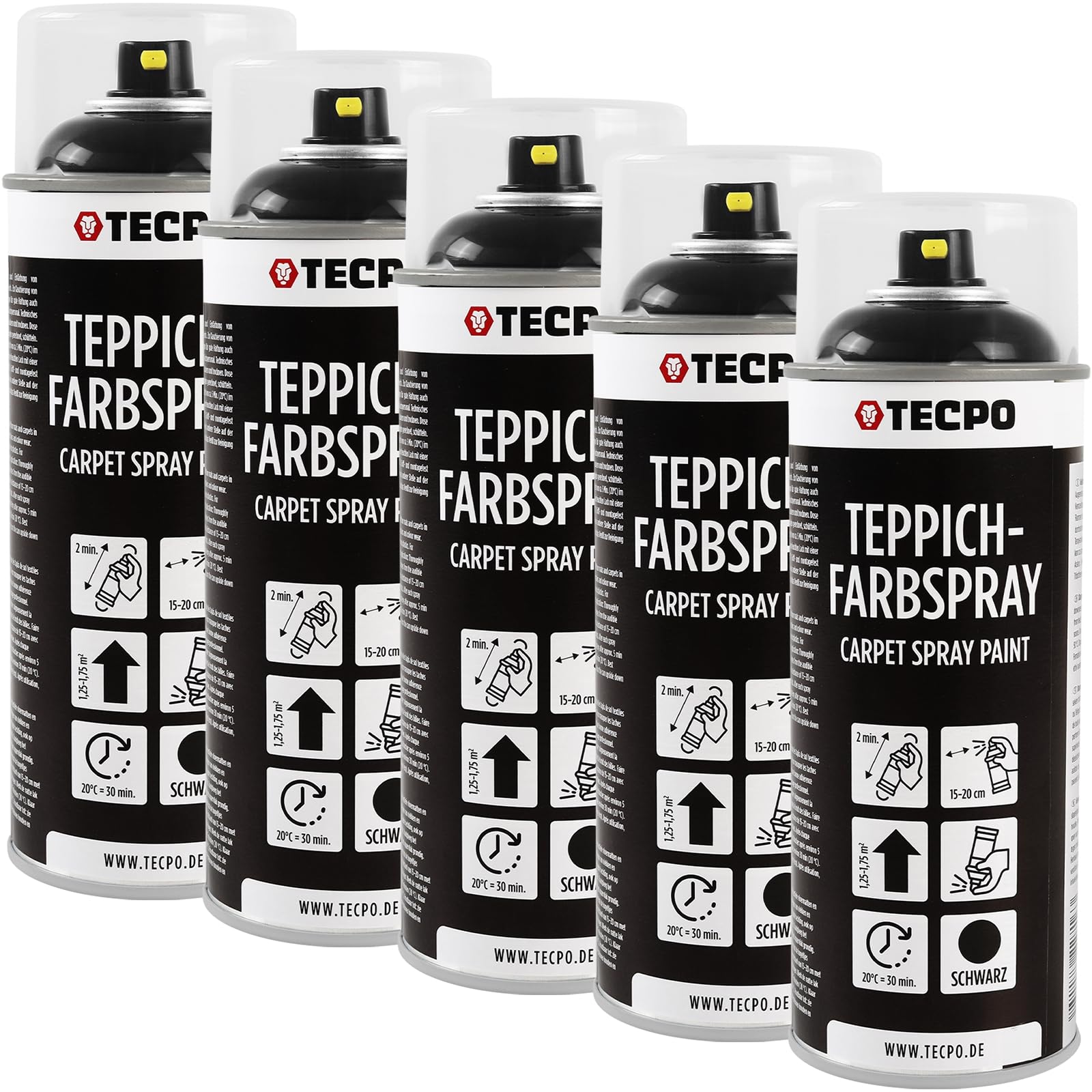 TECPO Spray de pintura para alfombras, 5 x 400 ml, pintura textil, color negro, para alfombras, alfombras, alfombrillas, tela, goma, plástico, tratamiento interior