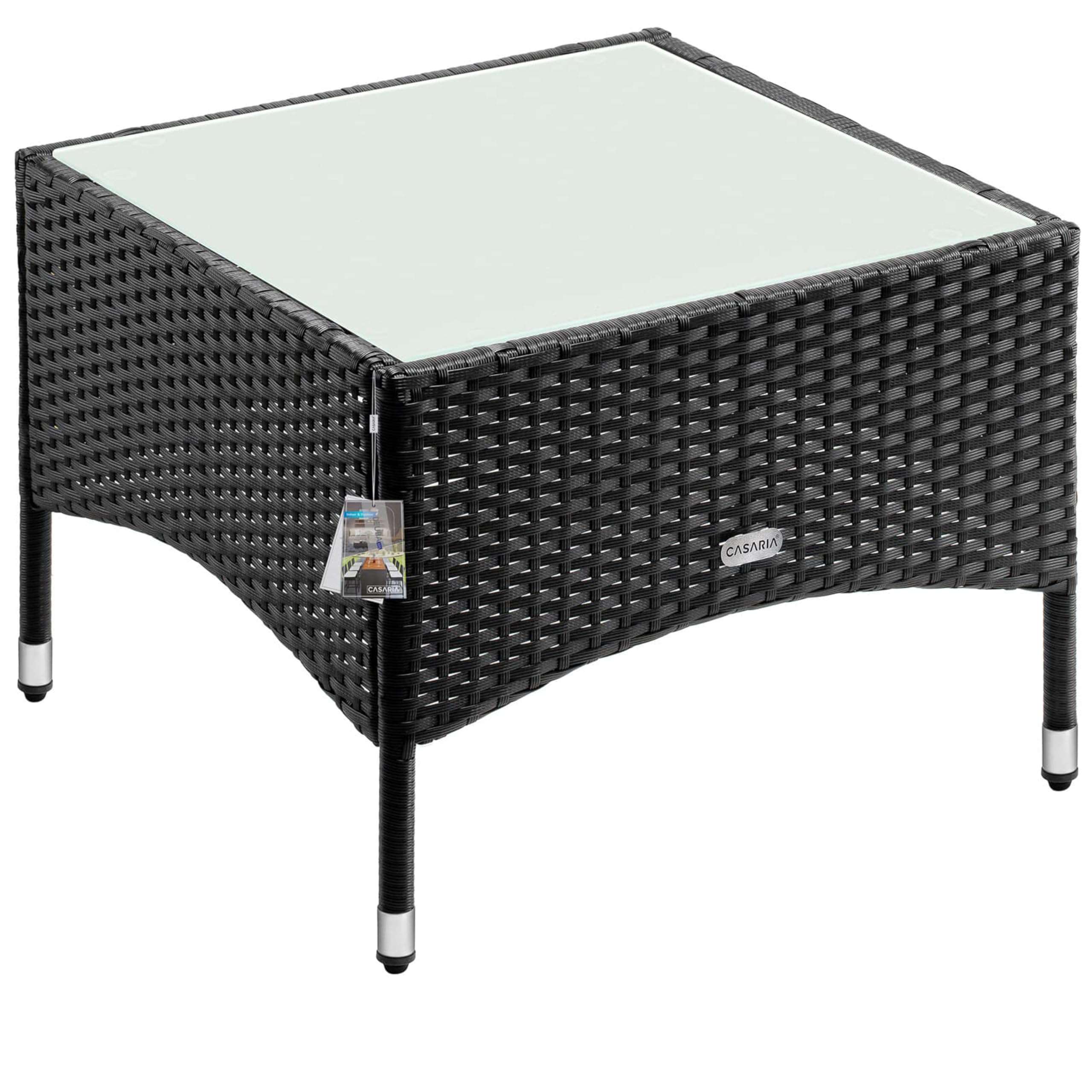 CASARIA® Mesita de Centro Poliratán 58x58x42cm Carga hasta 80Kg Mesa Auxiliar Jardín Ajustable en Altura Tablero Vidrio Resistente Intemperie Negro