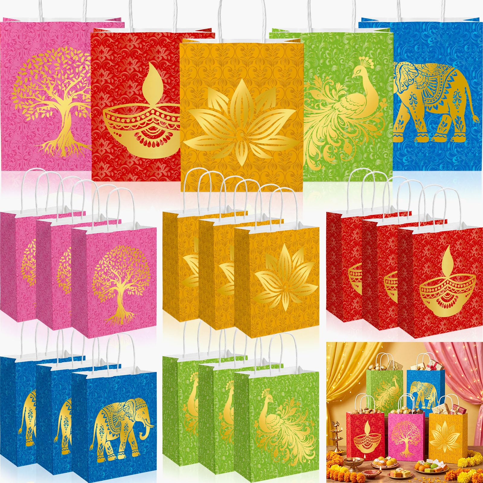 Tinlade 15 Pcs Indian Return Gift Bags Diwali Pooja Gift Bags with Gold Foil Elephant Peacock Lotus Diya Patterns Paper Treat Bag for Indian Diwali Party Favors Deepavali Wedding