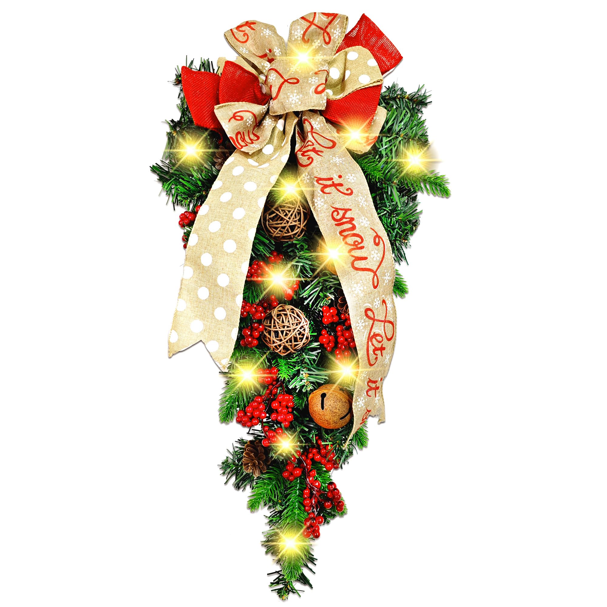 NewlyArt 24 inch Christmas Teardrop Swag with Fairy Lights, Battery