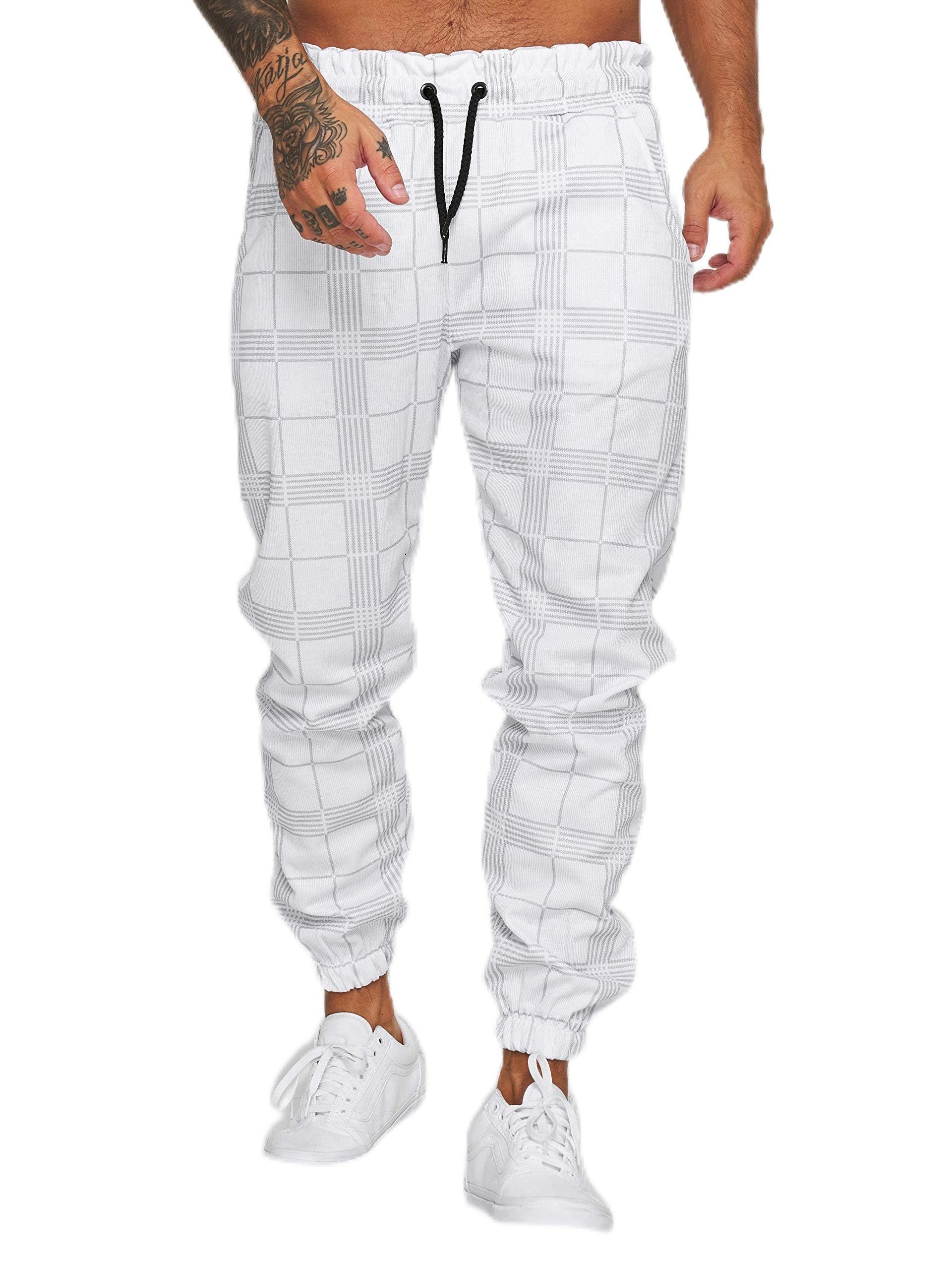 Jogginghose Herren Trainingshose Loose Fit Sporthose Lang Sweatpants Kariert Freizeithose für Männer(Weiß,L)