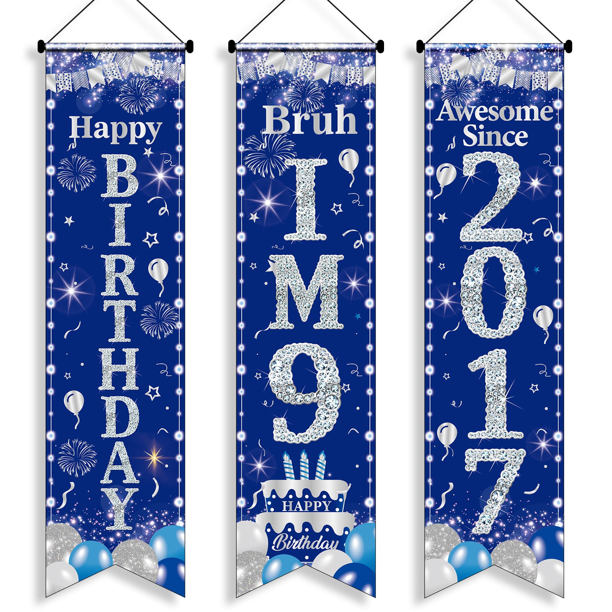 9th Birthday Decorations Door Banners - 3 Pcs Blue and Silver Boy Awesome Since 2017 Happy Birthday Bruh I'M 9 3.9x0.9ft Door Porch Sign for 9 Years Old Boys Party Backdrop Decor Supplies