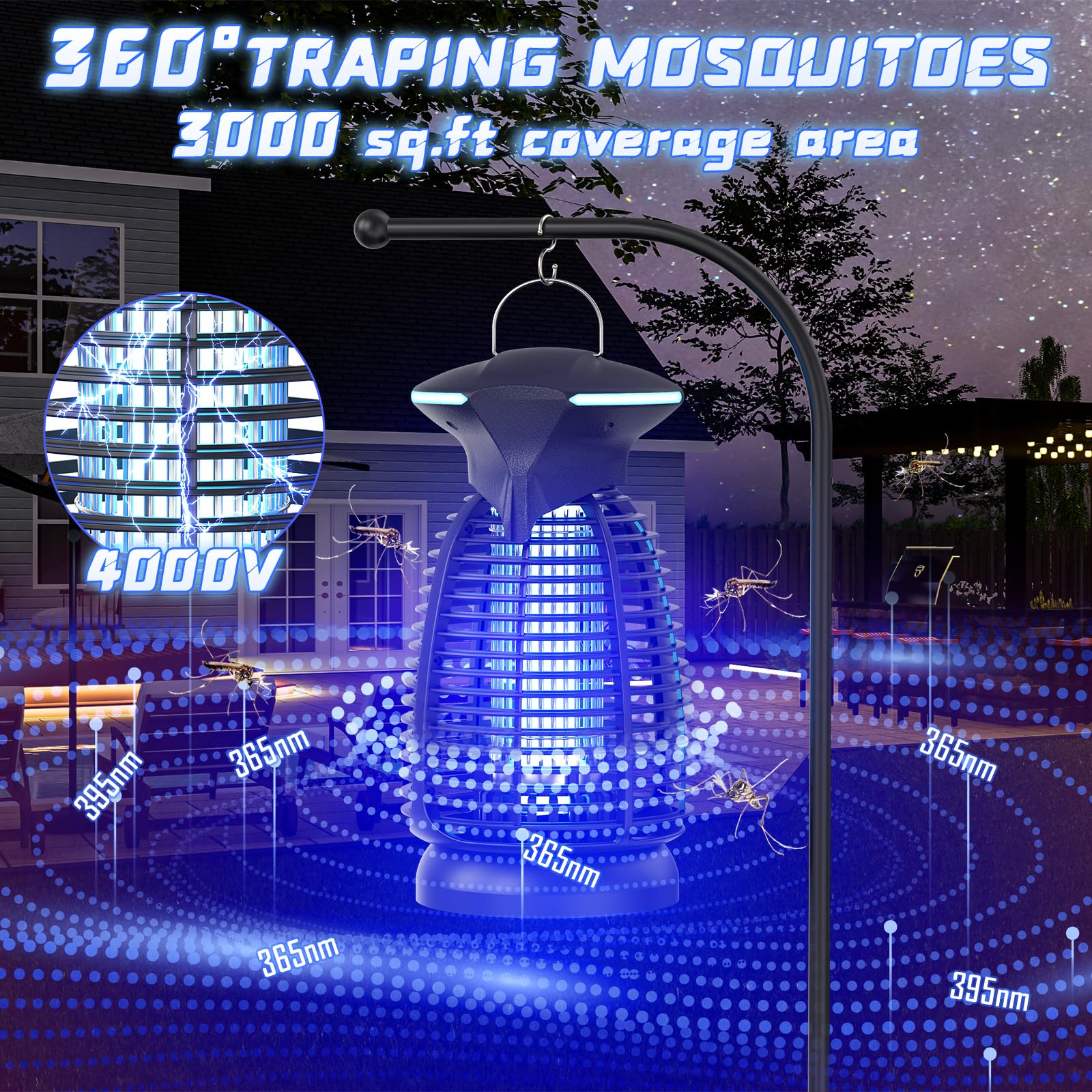 Bug Zapper 4200 V do użytku wewnątrz i na zewnątrz, wodoszczelne, elektryczne światło z oświetleniem LED, na taras, werandę, do garażu i domu