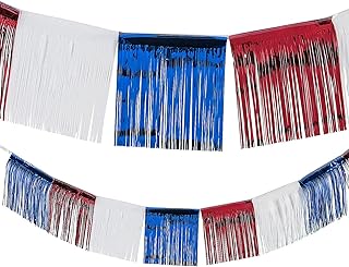 Fun Express Foil Patriotic Fringe for Fourth of July Party Decorations - 24 Ft Foil Fringe for Quick Decor - Make Your Parade Decorations with Red, White, & Blue - Durable Metallic Fringe, Quick Setup