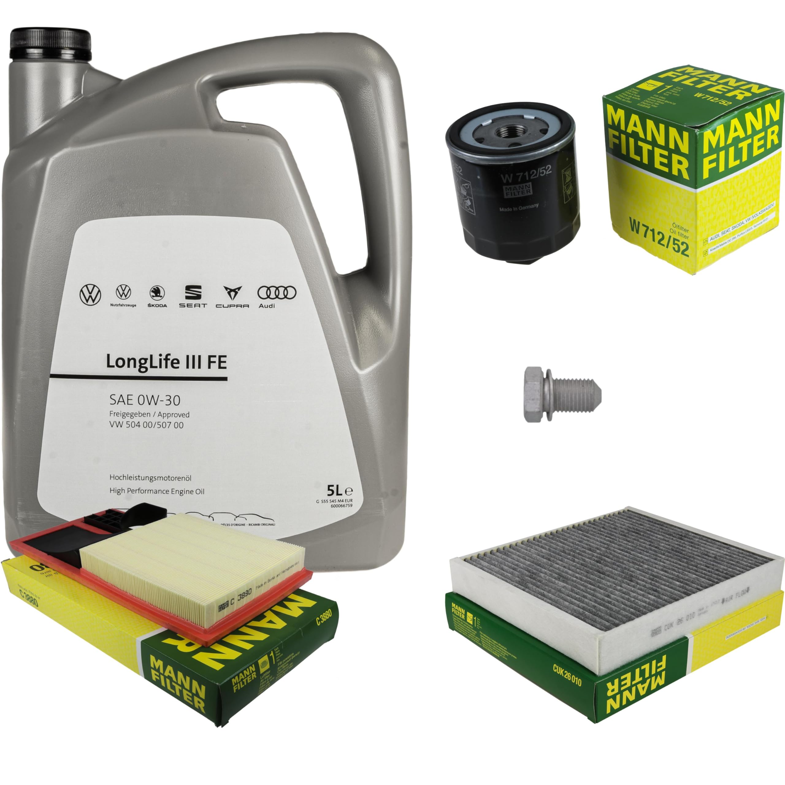 Pacchetto di ispezione pacchetto di manutenzione filtro con 5 l 0W-30 olio motore LongLife 3 FE, filtro dell'olio, filtro dell'aria abitacolo (carbone attivo) vite di scarico dell'olio