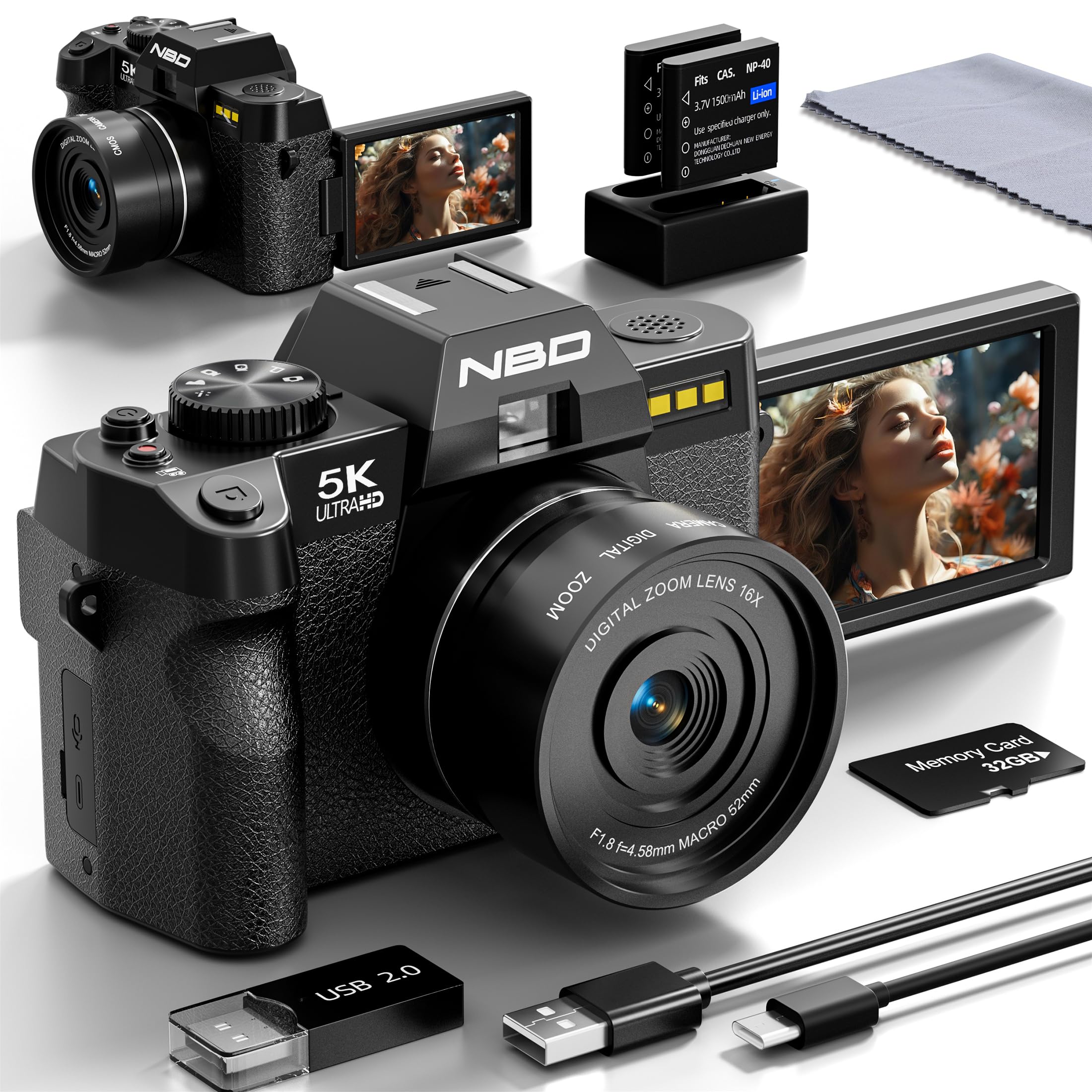 NBD 5K 64MP Digital Camera with Autofocus & Anti-Shake, 16X Zoom