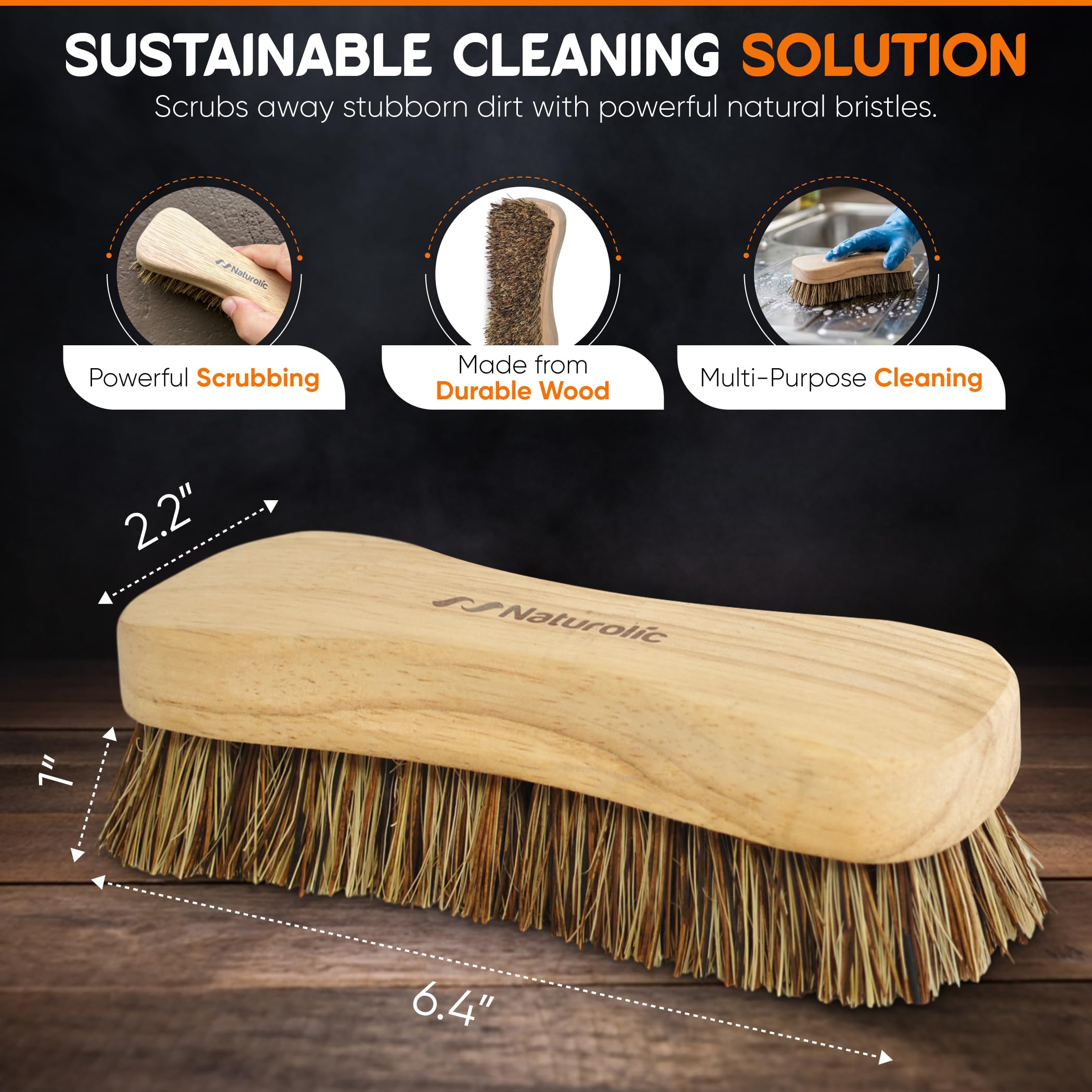Juego de cepillos de madera totalmente natural | Mango de madera | cerdas Palmyra | Productos de limpieza ecológicos | Paquete de 2